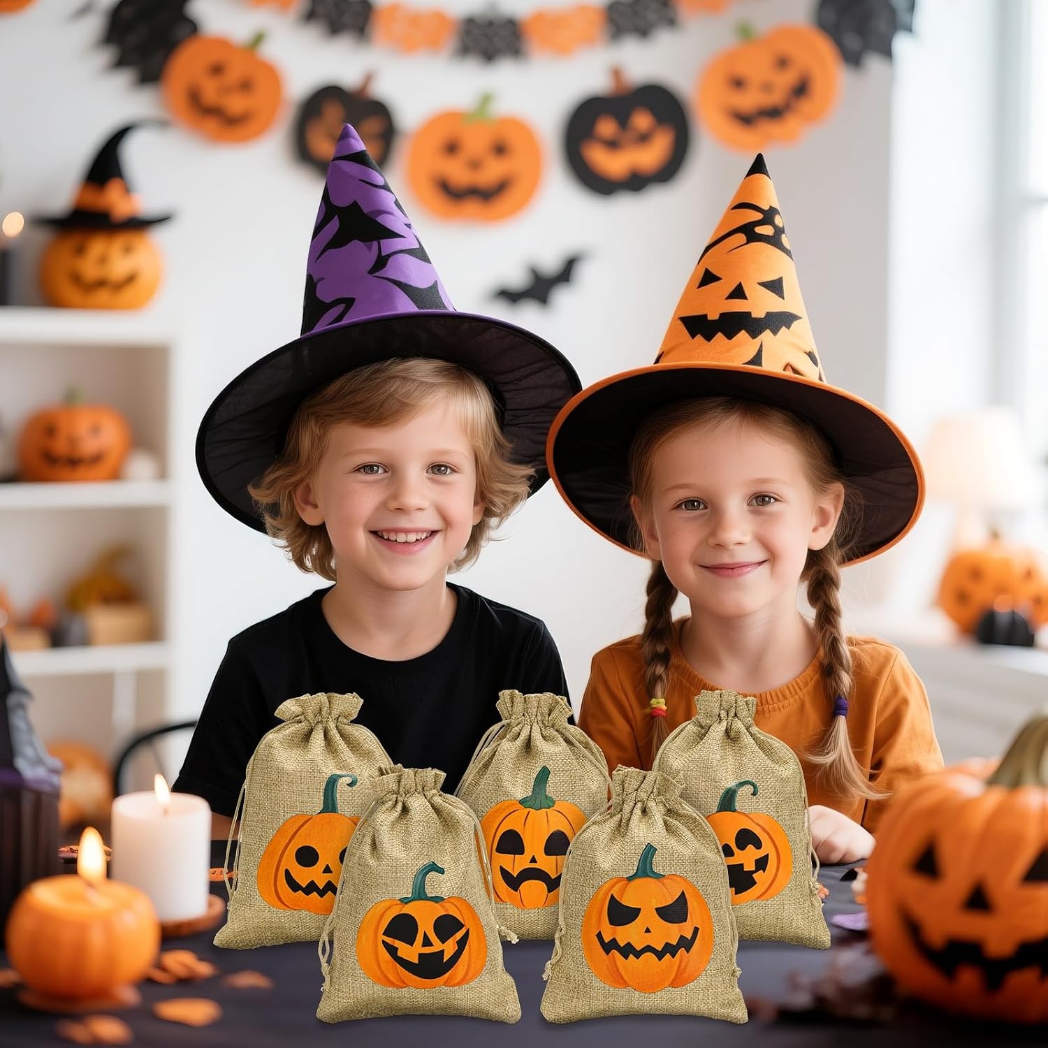 image:imageG2PLUS 24Pcs Thanksgiving Burlap Gift Bags  4X6 In Drawstring Goodies Treat Bags 8 Styles Pumpkin Gift Candy Pouches with Ghost Tags for Autumn Thanksgiving Halloween Party Favors8 Styles Pumpkin 5X7