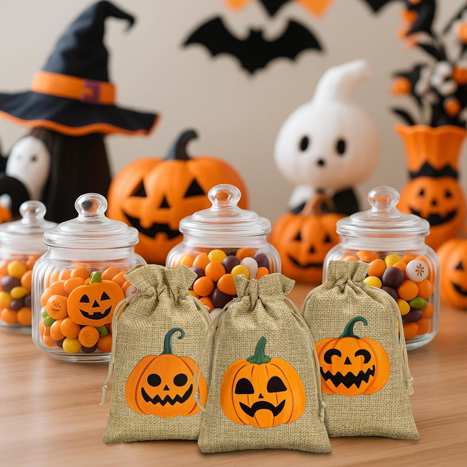 image:imageG2PLUS 24Pcs Thanksgiving Burlap Gift Bags  4X6 In Drawstring Goodies Treat Bags 8 Styles Pumpkin Gift Candy Pouches with Ghost Tags for Autumn Thanksgiving Halloween Party Favors8 Styles Pumpkin 4X6