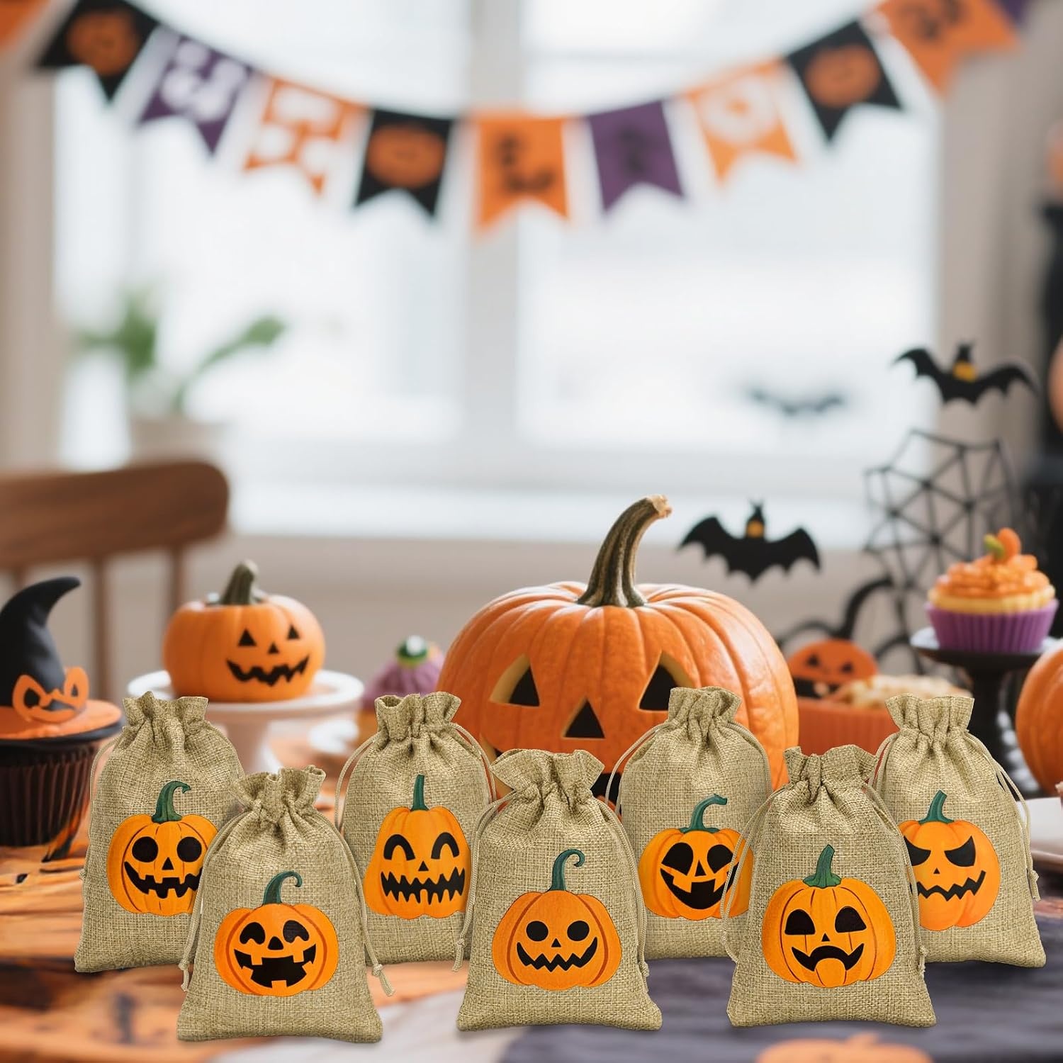 image:imageG2PLUS 24Pcs Thanksgiving Burlap Gift Bags  4X6 In Drawstring Goodies Treat Bags 8 Styles Pumpkin Gift Candy Pouches with Ghost Tags for Autumn Thanksgiving Halloween Party Favors8 Styles Pumpkin 4X6