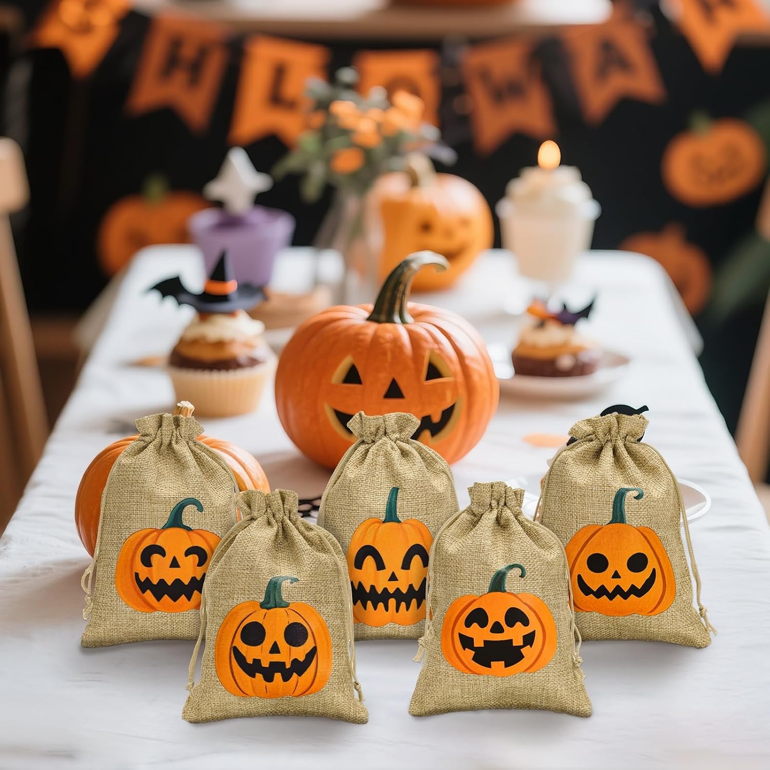 image:imageG2PLUS 24Pcs Thanksgiving Burlap Gift Bags  4X6 In Drawstring Goodies Treat Bags 8 Styles Pumpkin Gift Candy Pouches with Ghost Tags for Autumn Thanksgiving Halloween Party Favors8 Styles Pumpkin 5X7