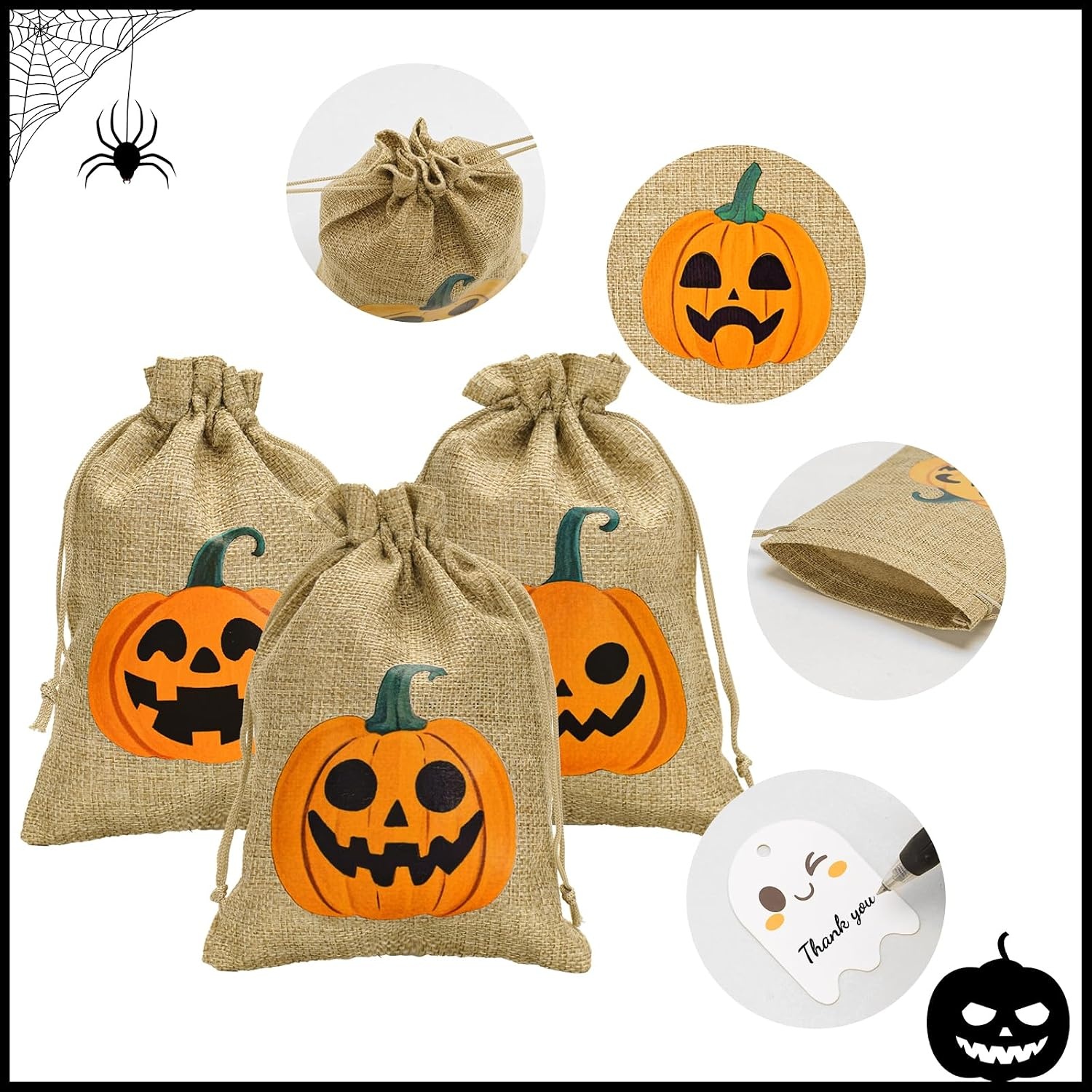 image:imageG2PLUS 24Pcs Thanksgiving Burlap Gift Bags  4X6 In Drawstring Goodies Treat Bags 8 Styles Pumpkin Gift Candy Pouches with Ghost Tags for Autumn Thanksgiving Halloween Party Favors8 Styles Pumpkin 5X7