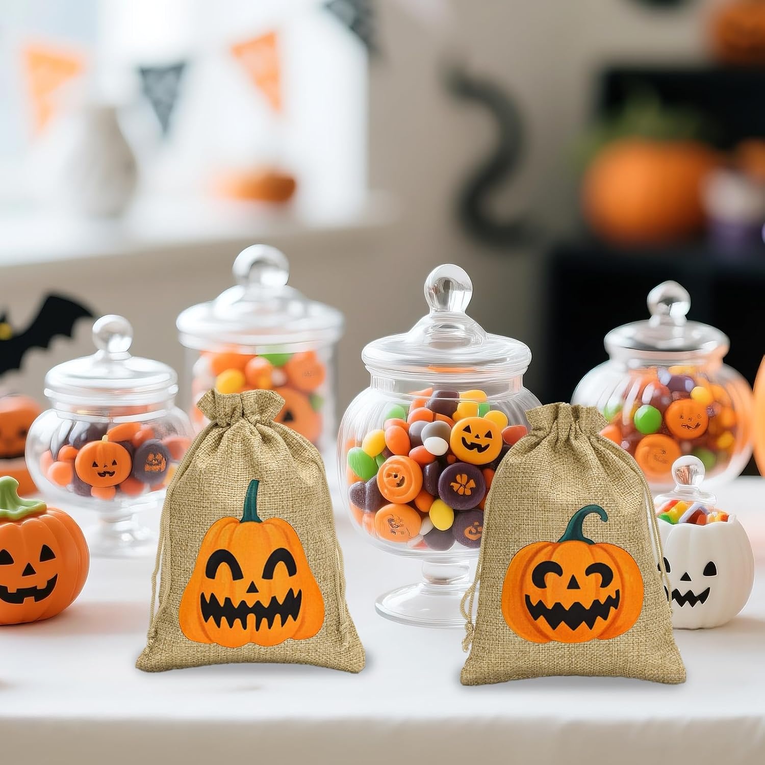 image:imageG2PLUS 24Pcs Thanksgiving Burlap Gift Bags  4X6 In Drawstring Goodies Treat Bags 8 Styles Pumpkin Gift Candy Pouches with Ghost Tags for Autumn Thanksgiving Halloween Party Favors8 Styles Pumpkin 5X7