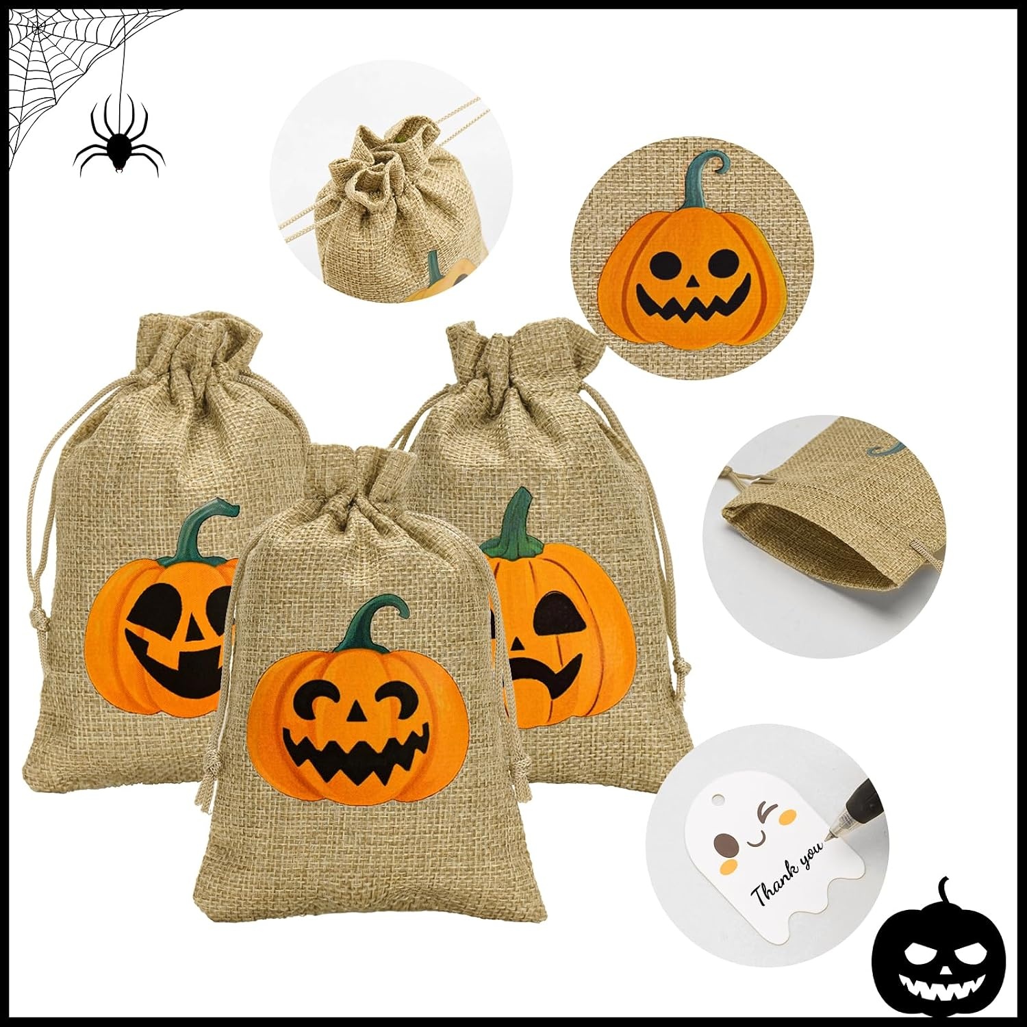 image:imageG2PLUS 24Pcs Thanksgiving Burlap Gift Bags  4X6 In Drawstring Goodies Treat Bags 8 Styles Pumpkin Gift Candy Pouches with Ghost Tags for Autumn Thanksgiving Halloween Party Favors8 Styles Pumpkin 4X6
