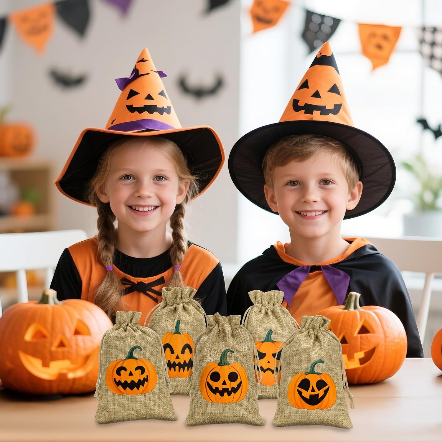 image:imageG2PLUS 24Pcs Thanksgiving Burlap Gift Bags  4X6 In Drawstring Goodies Treat Bags 8 Styles Pumpkin Gift Candy Pouches with Ghost Tags for Autumn Thanksgiving Halloween Party Favors8 Styles Pumpkin 4X6