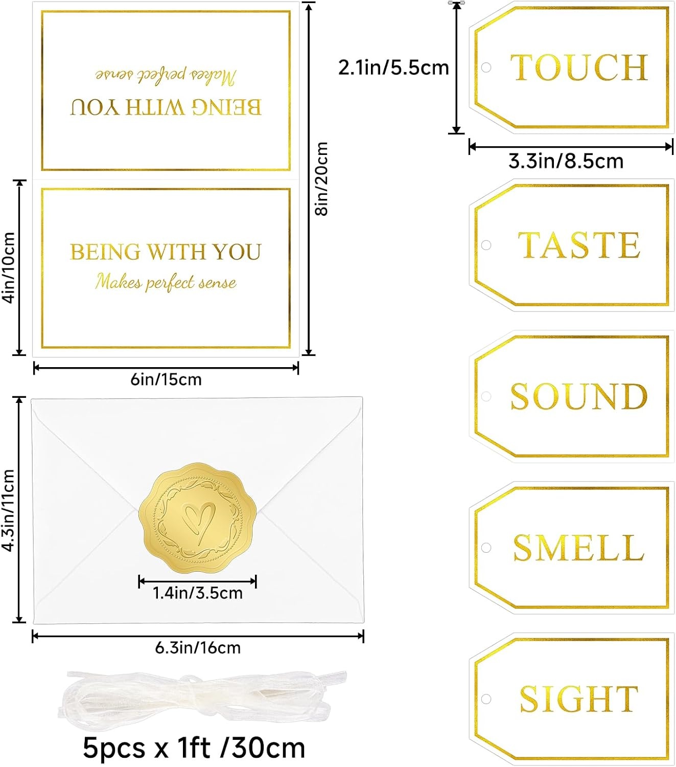 image:imageG2PLUS 5 Senses Gift Tags with String for Him and Her  Romantic White and Gold Gift Tags Set with Sense Greeting Card for Anniversary Valentines Day Birthday ChristmasWhite Gold