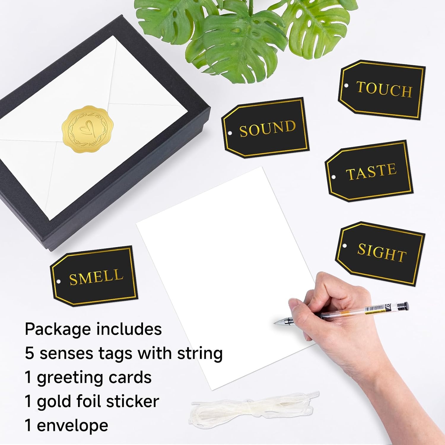 image:imageG2PLUS 5 Senses Gift Tags with String for Him and Her  Romantic White and Gold Gift Tags Set with Sense Greeting Card for Anniversary Valentines Day Birthday ChristmasBlack Gold