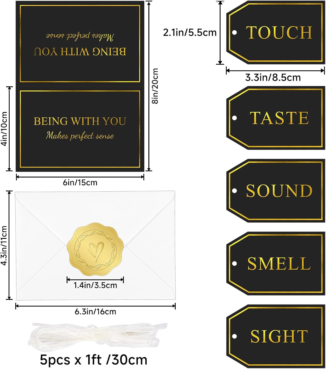 image:imageG2PLUS 5 Senses Gift Tags with String for Him and Her  Romantic White and Gold Gift Tags Set with Sense Greeting Card for Anniversary Valentines Day Birthday ChristmasBlack Gold