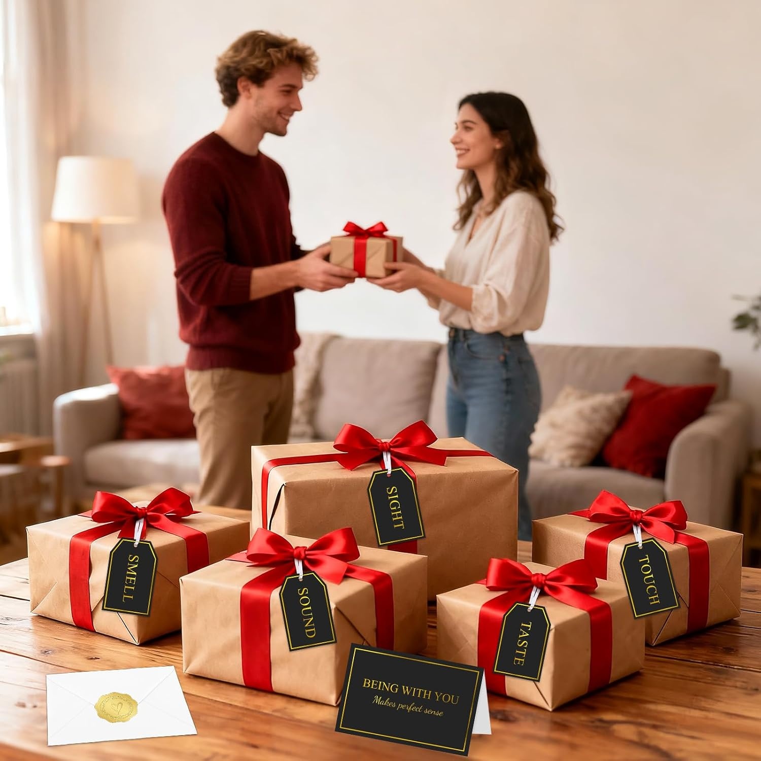 image:imageG2PLUS 5 Senses Gift Tags with String for Him and Her  Romantic White and Gold Gift Tags Set with Sense Greeting Card for Anniversary Valentines Day Birthday ChristmasBlack Gold