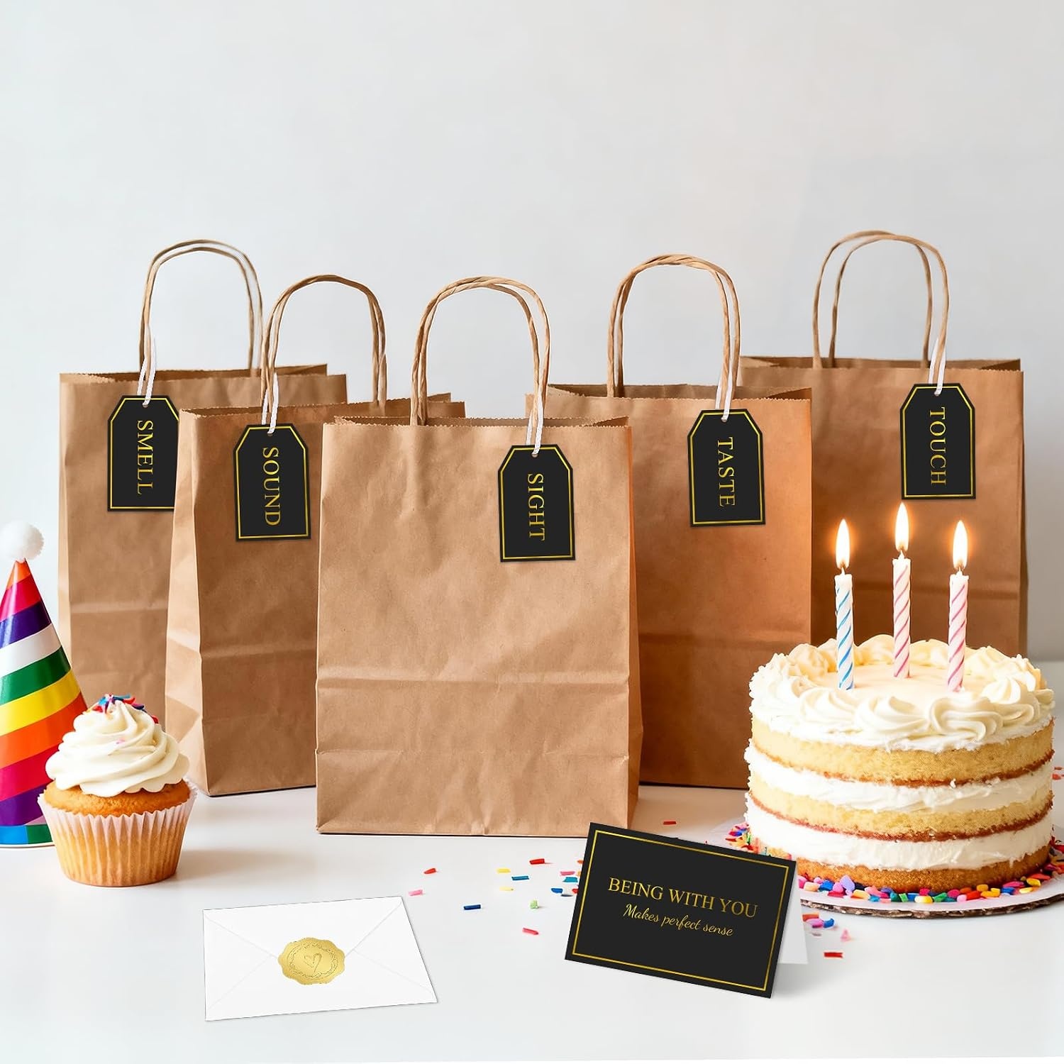 image:imageG2PLUS 5 Senses Gift Tags with String for Him and Her  Romantic White and Gold Gift Tags Set with Sense Greeting Card for Anniversary Valentines Day Birthday ChristmasBlack Gold