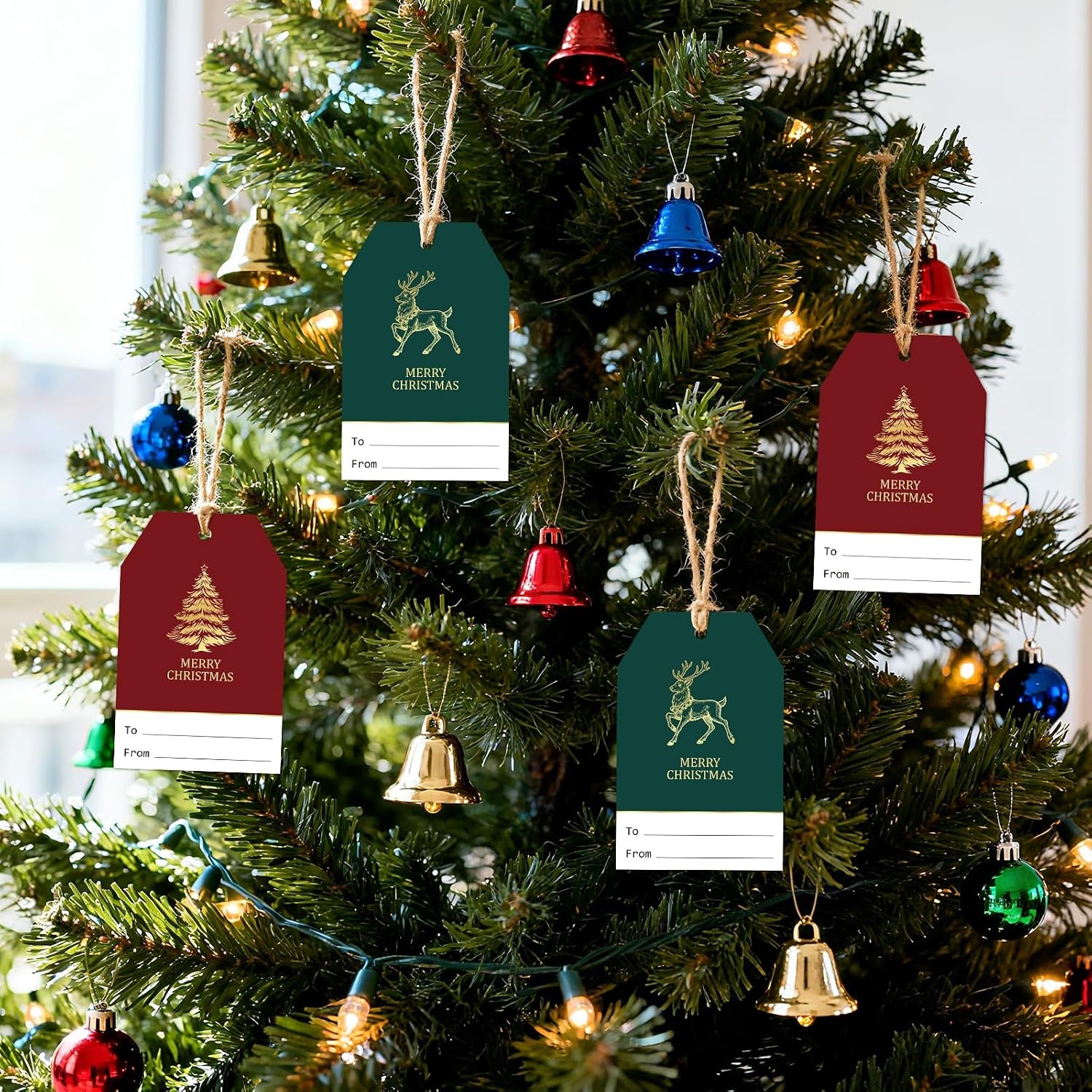 image:imageG2PLUS 60Pcs Gold Christmas Gift Tags  4 Styles Christmas Name Tags Xmas Tree Holiday Paper Gift Tags with String for DIY Crafts Party Favors Gift Exchange Stocking Stuffers2 StylesRed Green