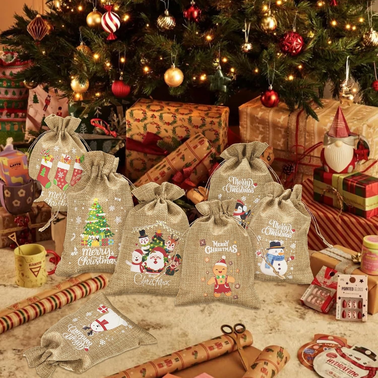 image:imageG2PLUS Christmas Drawstring Burlap Gift Bags  24 Pack Christmas Advent Calendar Bags 8 Designs 46 inches Goodie Gift Bag with Xmas Tree Tags for Xmas Holiday Party Favors5X7 Merry Christmas