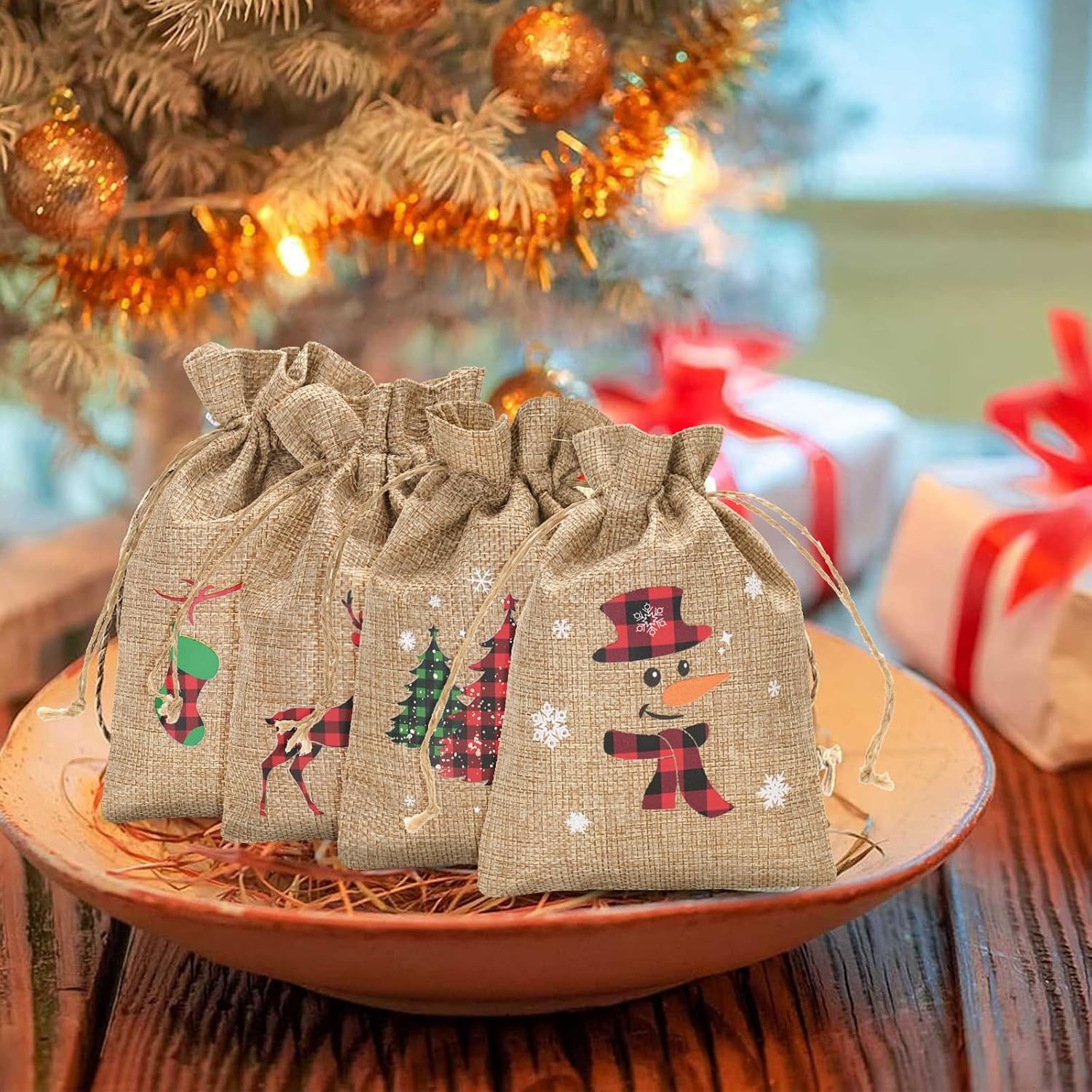 image:imageG2PLUS Christmas Drawstring Burlap Gift Bags  24 Pack Christmas Advent Calendar Bags 8 Designs 46 inches Goodie Gift Bag with Xmas Tree Tags for Xmas Holiday Party Favors5X7 Buffalo Plaid