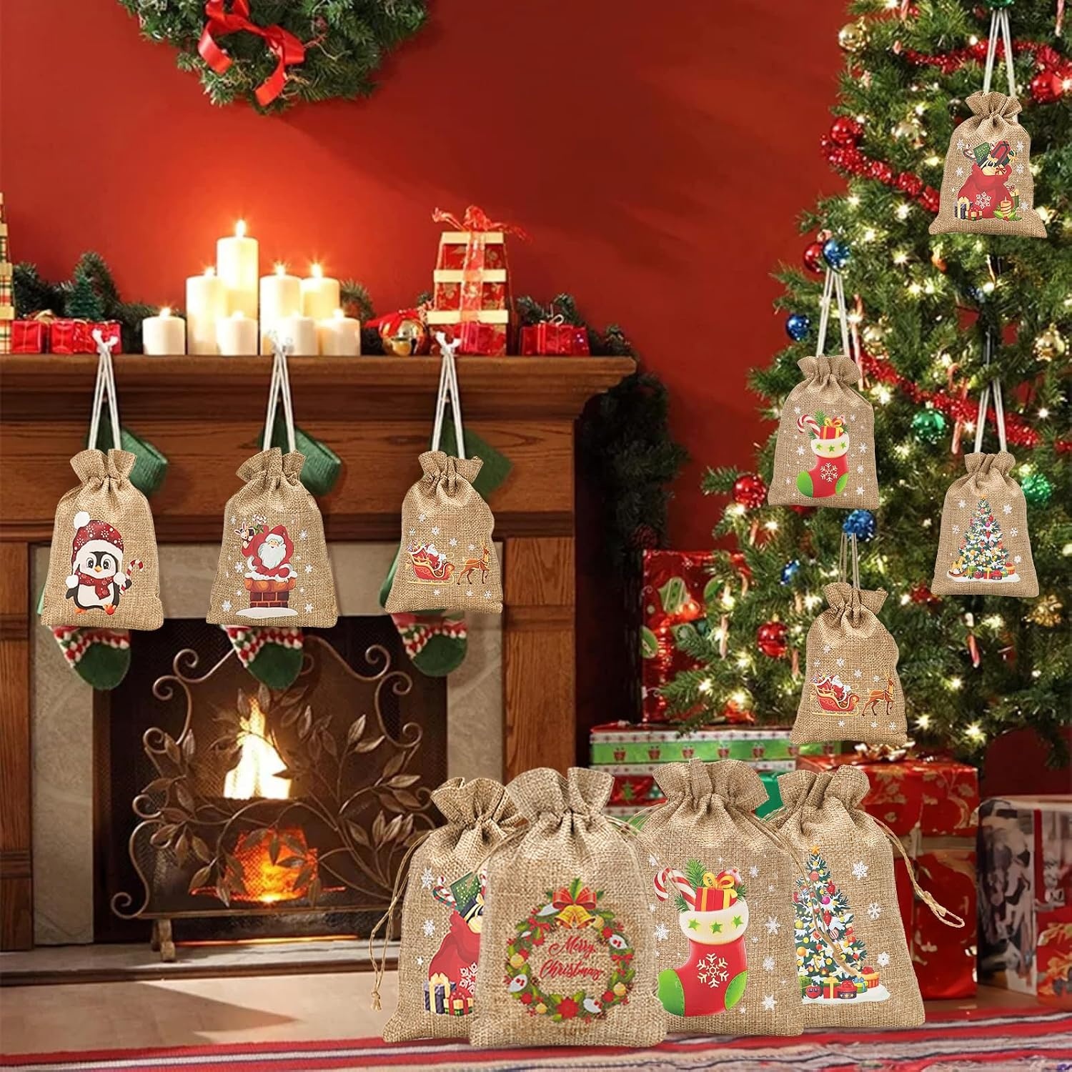 image:imageG2PLUS Christmas Drawstring Burlap Gift Bags  24 Pack Christmas Advent Calendar Bags 8 Designs 46 inches Goodie Gift Bag with Xmas Tree Tags for Xmas Holiday Party Favors4X6 Snowman