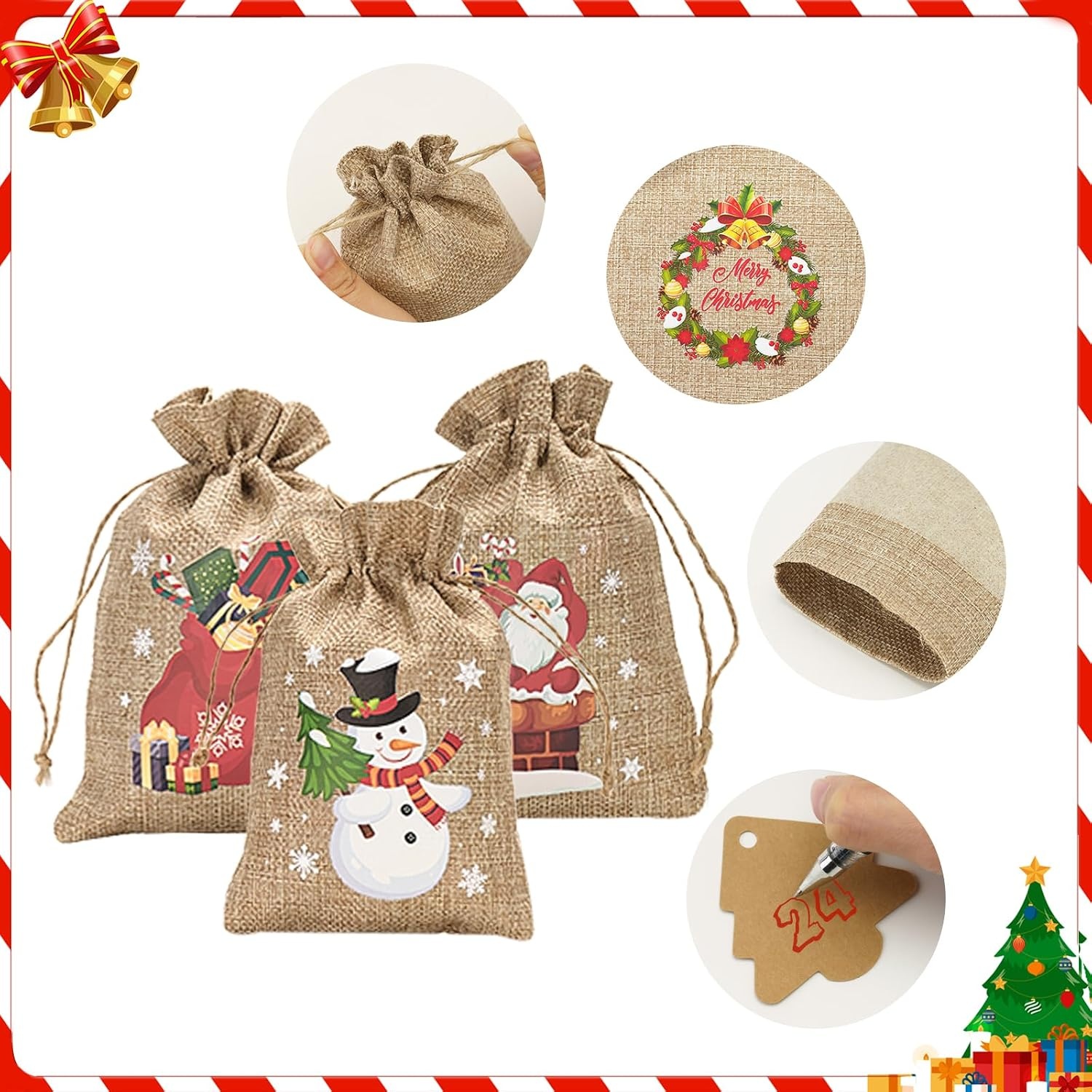image:imageG2PLUS Christmas Drawstring Burlap Gift Bags  24 Pack Christmas Advent Calendar Bags 8 Designs 46 inches Goodie Gift Bag with Xmas Tree Tags for Xmas Holiday Party Favors4X6 Snowman