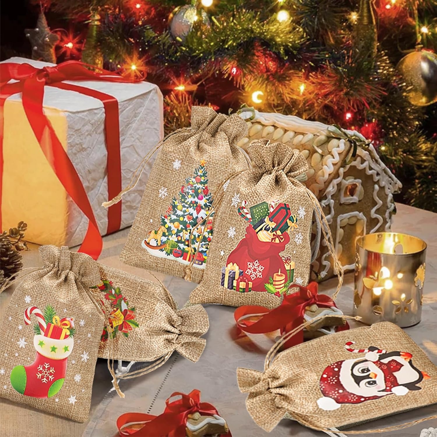 image:imageG2PLUS Christmas Drawstring Burlap Gift Bags  24 Pack Christmas Advent Calendar Bags 8 Designs 46 inches Goodie Gift Bag with Xmas Tree Tags for Xmas Holiday Party Favors5X7 Snowman