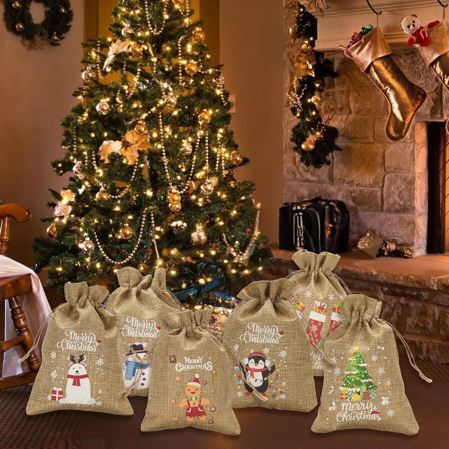 image:imageG2PLUS Christmas Drawstring Burlap Gift Bags  24 Pack Christmas Advent Calendar Bags 8 Designs 46 inches Goodie Gift Bag with Xmas Tree Tags for Xmas Holiday Party Favors4X6 Merry Christmas