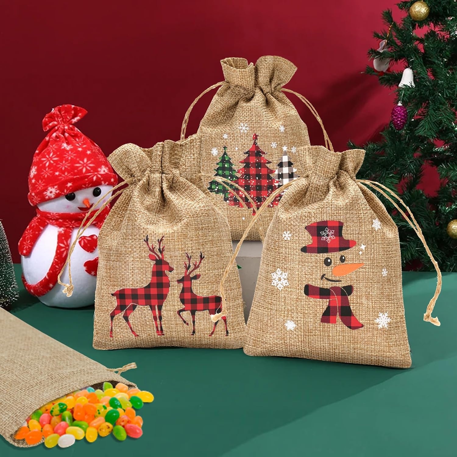 image:imageG2PLUS Christmas Drawstring Burlap Gift Bags  24 Pack Christmas Advent Calendar Bags 8 Designs 46 inches Goodie Gift Bag with Xmas Tree Tags for Xmas Holiday Party Favors5X7 Buffalo Plaid