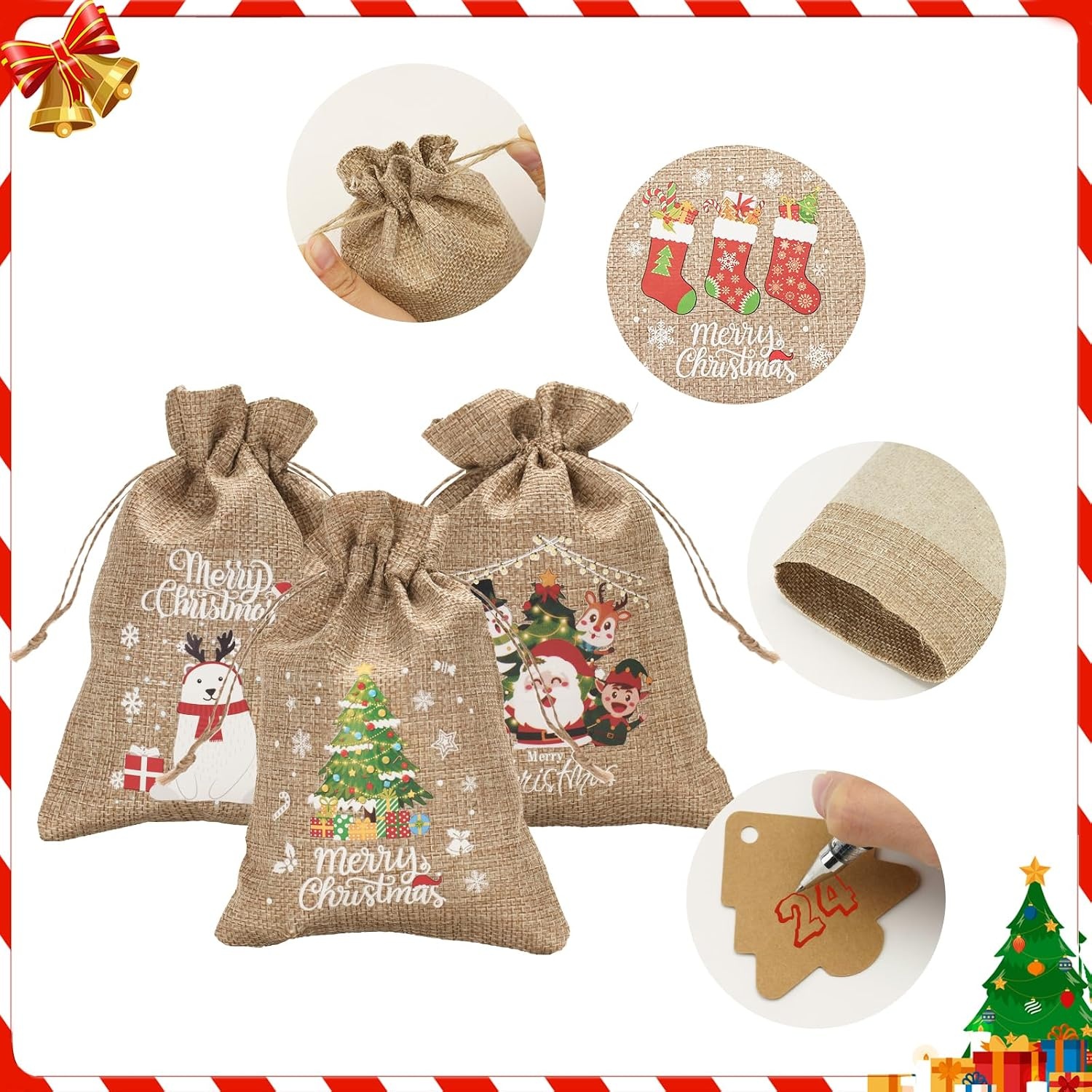 image:imageG2PLUS Christmas Drawstring Burlap Gift Bags  24 Pack Christmas Advent Calendar Bags 8 Designs 46 inches Goodie Gift Bag with Xmas Tree Tags for Xmas Holiday Party Favors4X6 Merry Christmas