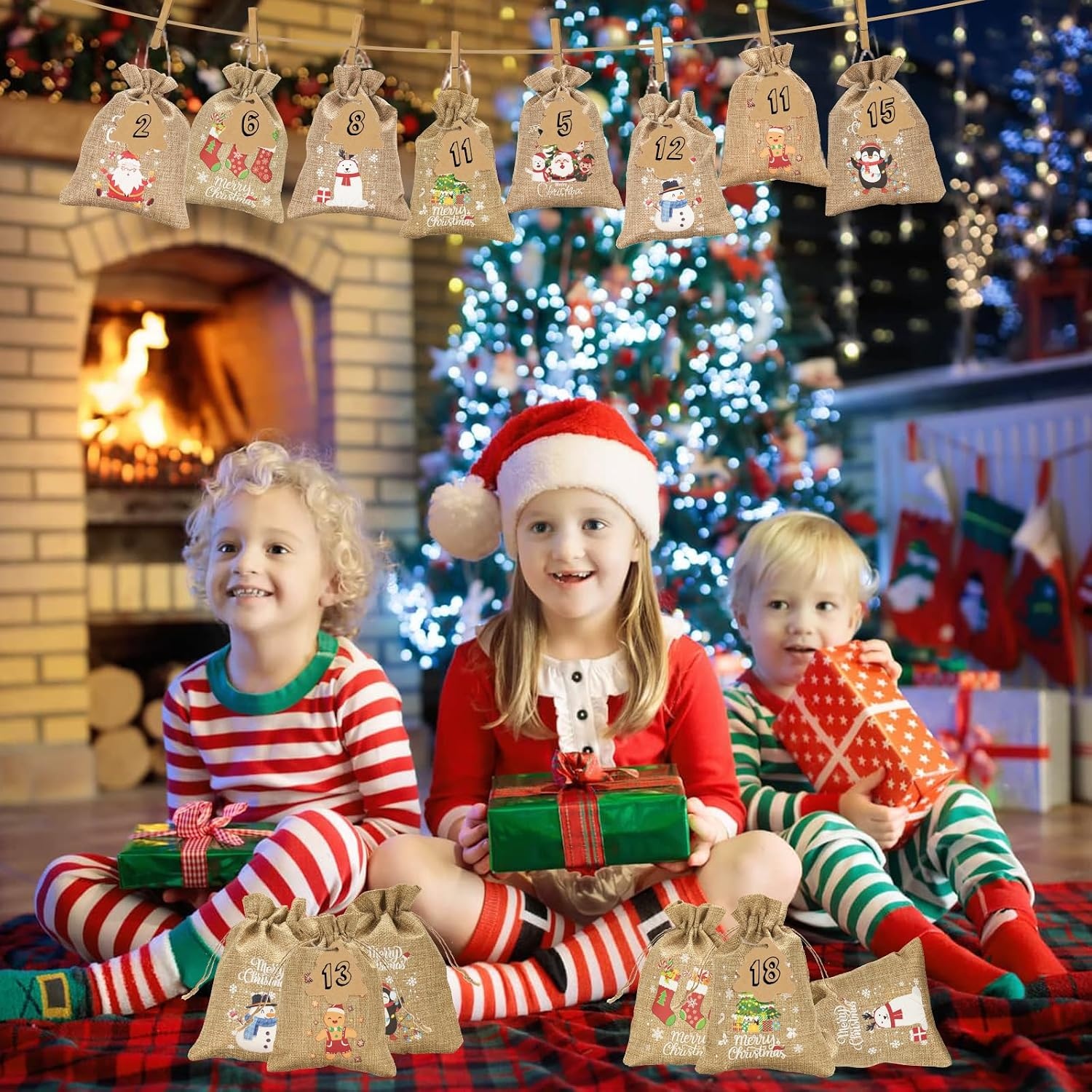 image:imageG2PLUS Christmas Drawstring Burlap Gift Bags  24 Pack Christmas Advent Calendar Bags 8 Designs 46 inches Goodie Gift Bag with Xmas Tree Tags for Xmas Holiday Party Favors4X6 Merry Christmas
