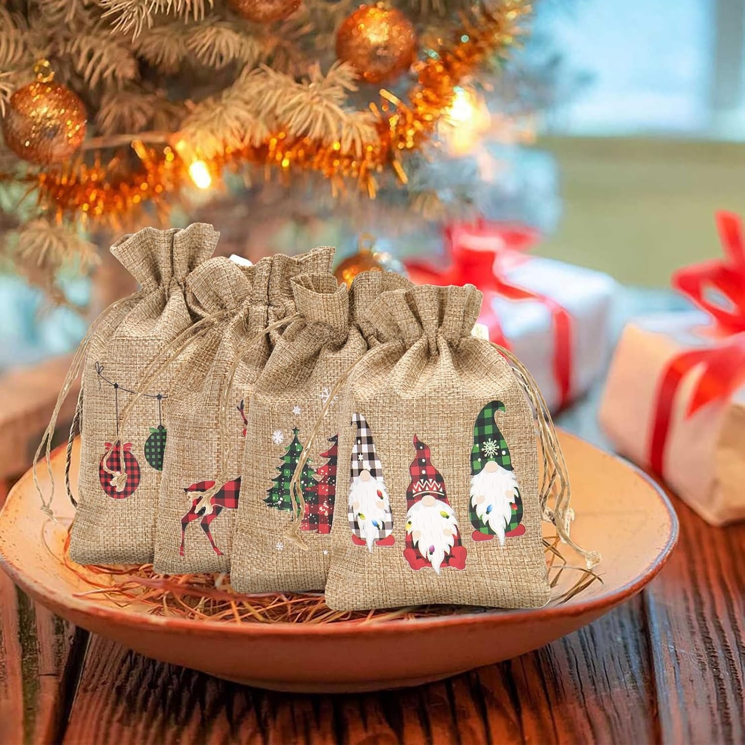image:imageG2PLUS Christmas Drawstring Burlap Gift Bags  24 Pack Christmas Advent Calendar Bags 8 Designs 46 inches Goodie Gift Bag with Xmas Tree Tags for Xmas Holiday Party Favors4X6 Buffalo Plaid