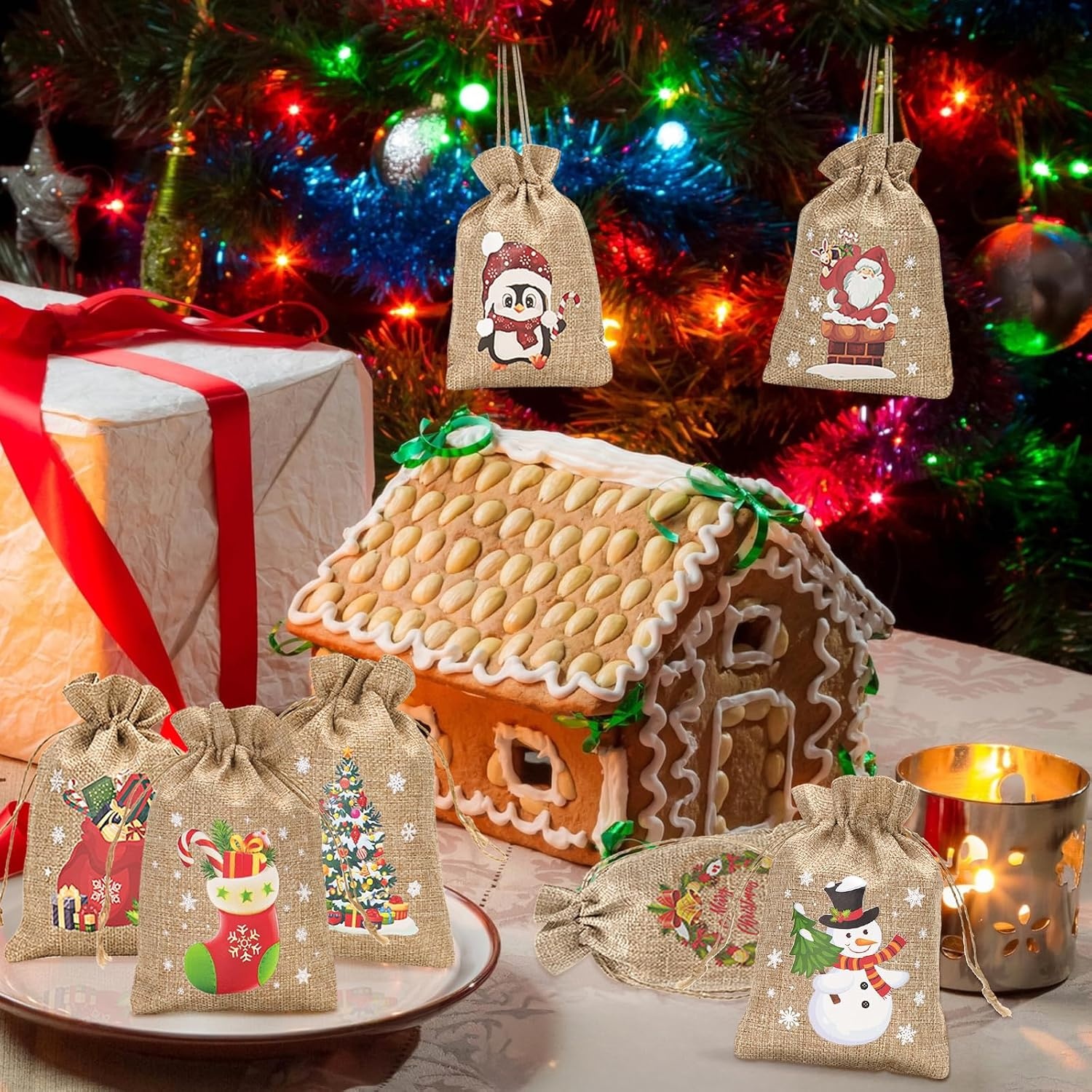 image:imageG2PLUS Christmas Drawstring Burlap Gift Bags  24 Pack Christmas Advent Calendar Bags 8 Designs 46 inches Goodie Gift Bag with Xmas Tree Tags for Xmas Holiday Party Favors4X6 Snowman