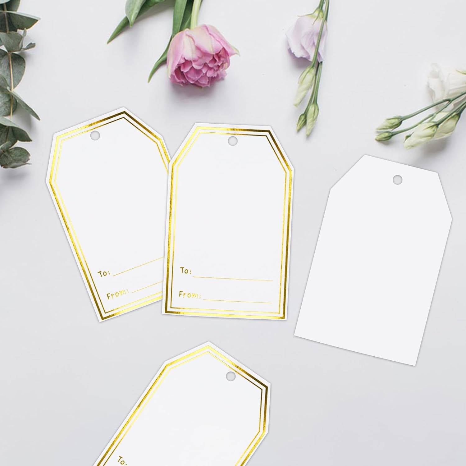 image:imageG2PLUS Gift Tags with String 100PCS White Blank Gift Wrapping Tag 33x22 in Pink Paper for Birthday Wedding Baby Bridal Shower DIY CraftGold Double Border  To From