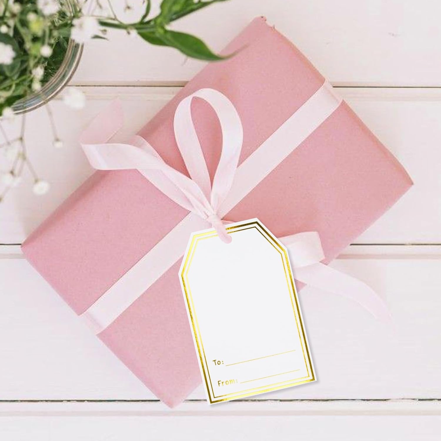 image:imageG2PLUS Gift Tags with String 100PCS White Blank Gift Wrapping Tag 33x22 in Pink Paper for Birthday Wedding Baby Bridal Shower DIY CraftGold Double Border  To From