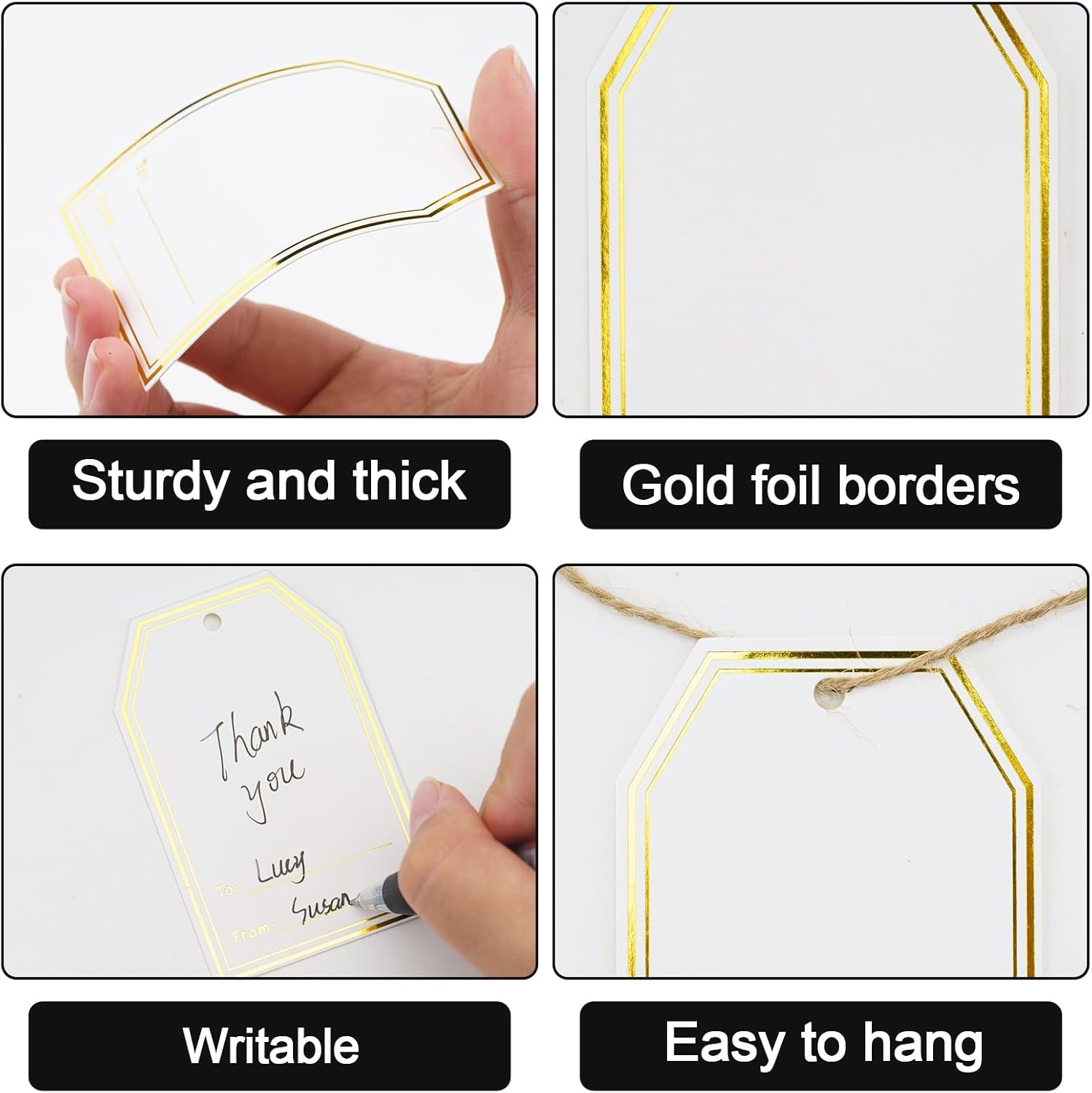image:imageG2PLUS Gift Tags with String 100PCS White Blank Gift Wrapping Tag 33x22 in Pink Paper for Birthday Wedding Baby Bridal Shower DIY CraftGold Double Border  To From