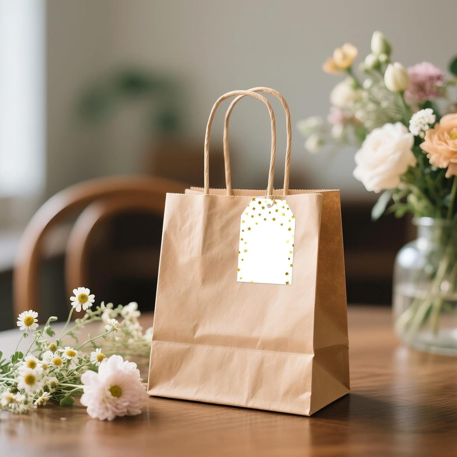 image:imageG2PLUS Gift Tags with String 100PCS White Blank Gift Wrapping Tag 33x22 in Pink Paper for Birthday Wedding Baby Bridal Shower DIY CraftGold Foil Star Dots Border