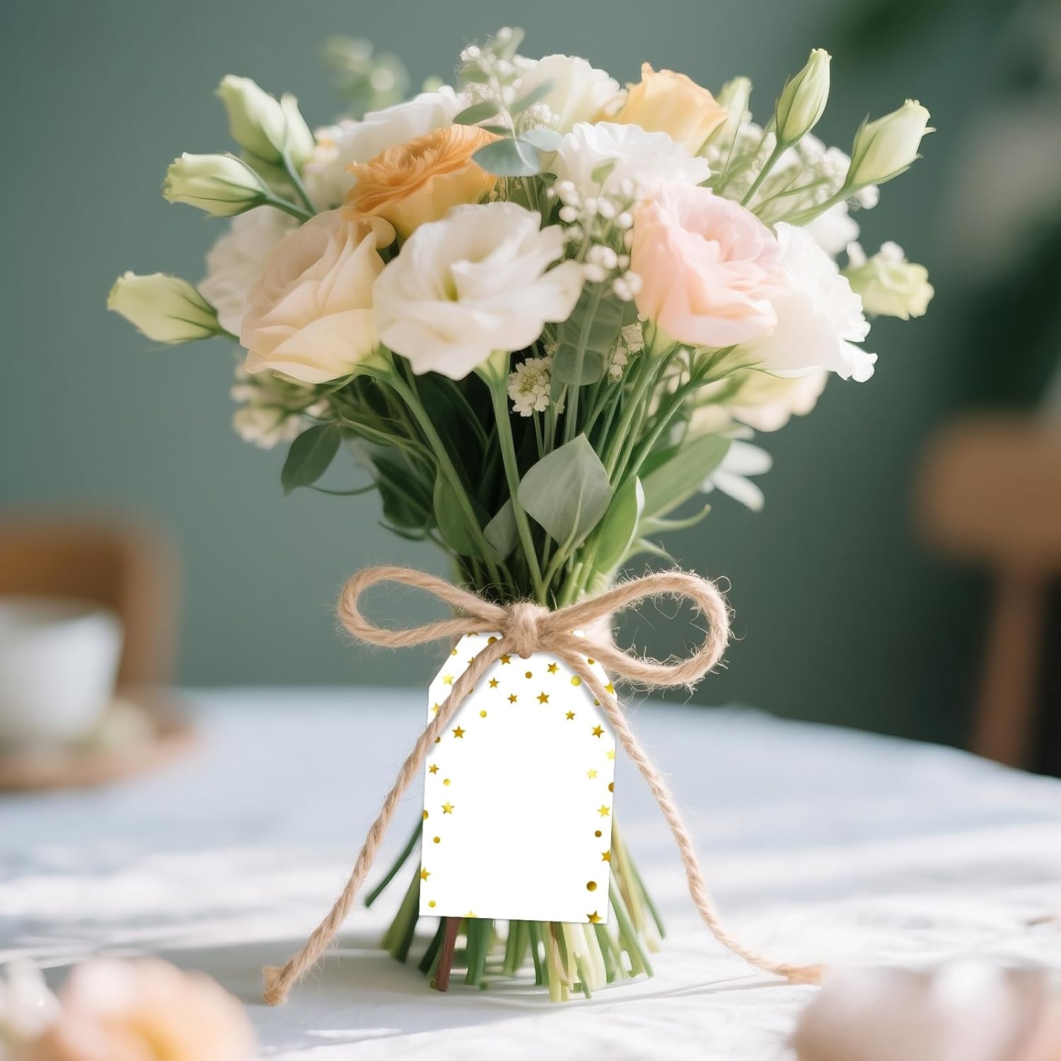 image:imageG2PLUS Gift Tags with String 100PCS White Blank Gift Wrapping Tag 33x22 in Pink Paper for Birthday Wedding Baby Bridal Shower DIY CraftGold Foil Star Dots Border