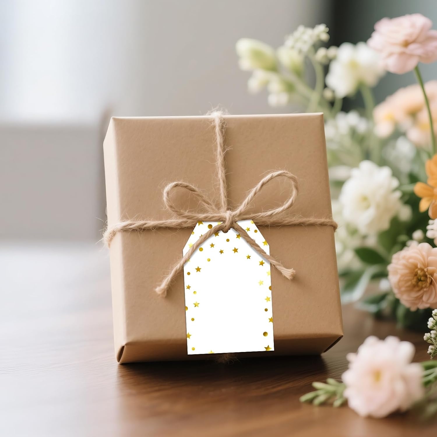 image:imageG2PLUS Gift Tags with String 100PCS White Blank Gift Wrapping Tag 33x22 in Pink Paper for Birthday Wedding Baby Bridal Shower DIY CraftGold Foil Star Dots Border