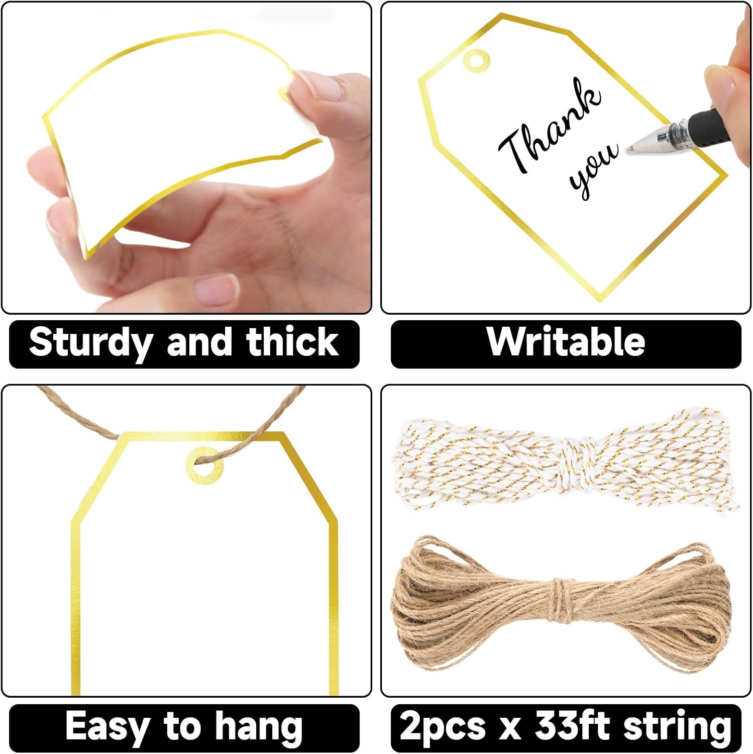image:imageG2PLUS Gift Tags with String 100PCS White Blank Gift Wrapping Tag 33x22 in Pink Paper for Birthday Wedding Baby Bridal Shower DIY CraftGold Single Border
