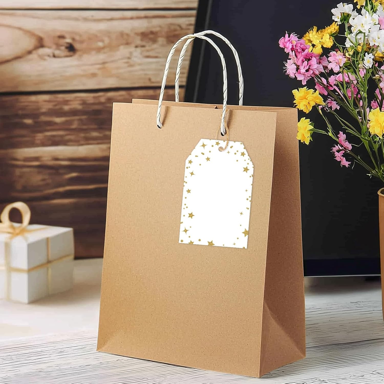 image:imageG2PLUS Gift Tags with String 100PCS White Blank Gift Wrapping Tag 33x22 in Pink Paper for Birthday Wedding Baby Bridal Shower DIY CraftGold Star Dots Border