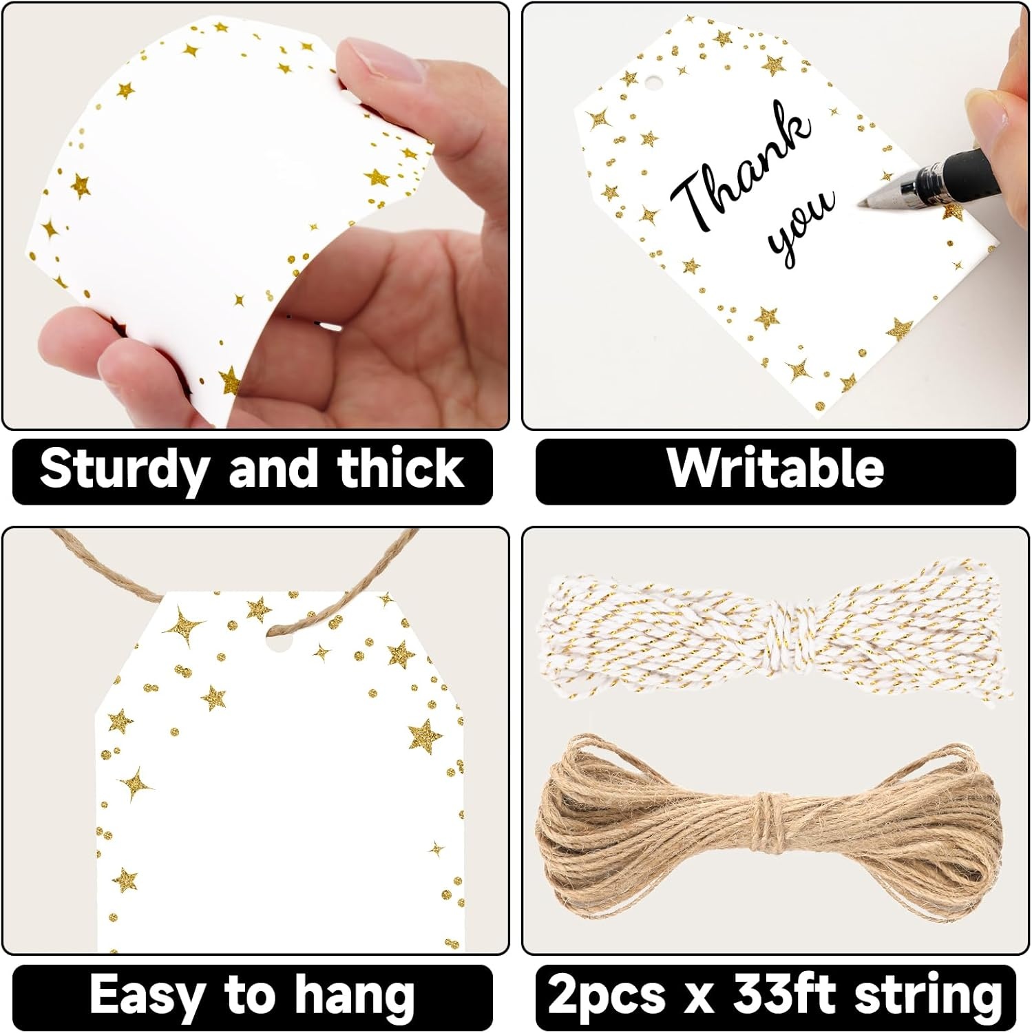 image:imageG2PLUS Gift Tags with String 100PCS White Blank Gift Wrapping Tag 33x22 in Pink Paper for Birthday Wedding Baby Bridal Shower DIY CraftGold Star Dots Border