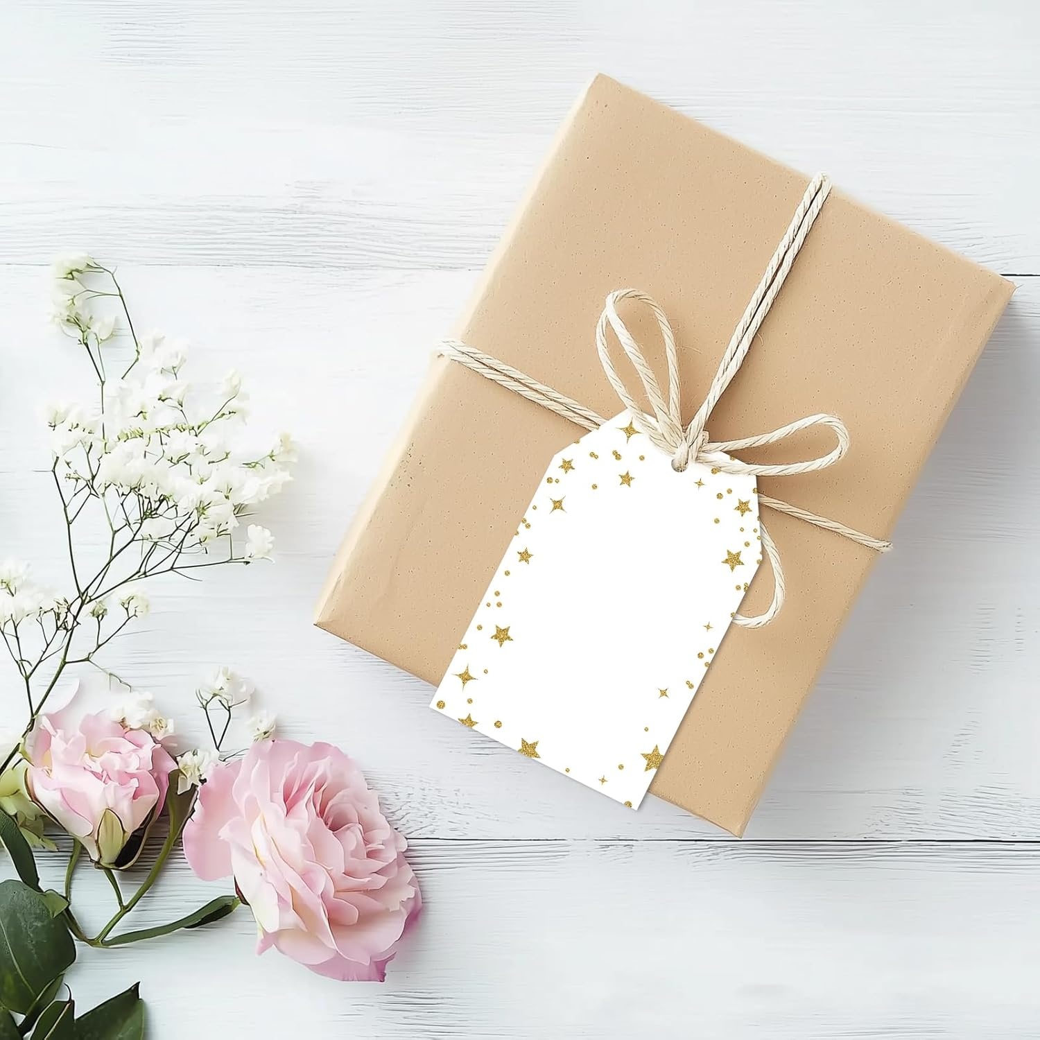 image:imageG2PLUS Gift Tags with String 100PCS White Blank Gift Wrapping Tag 33x22 in Pink Paper for Birthday Wedding Baby Bridal Shower DIY CraftGold Star Dots Border