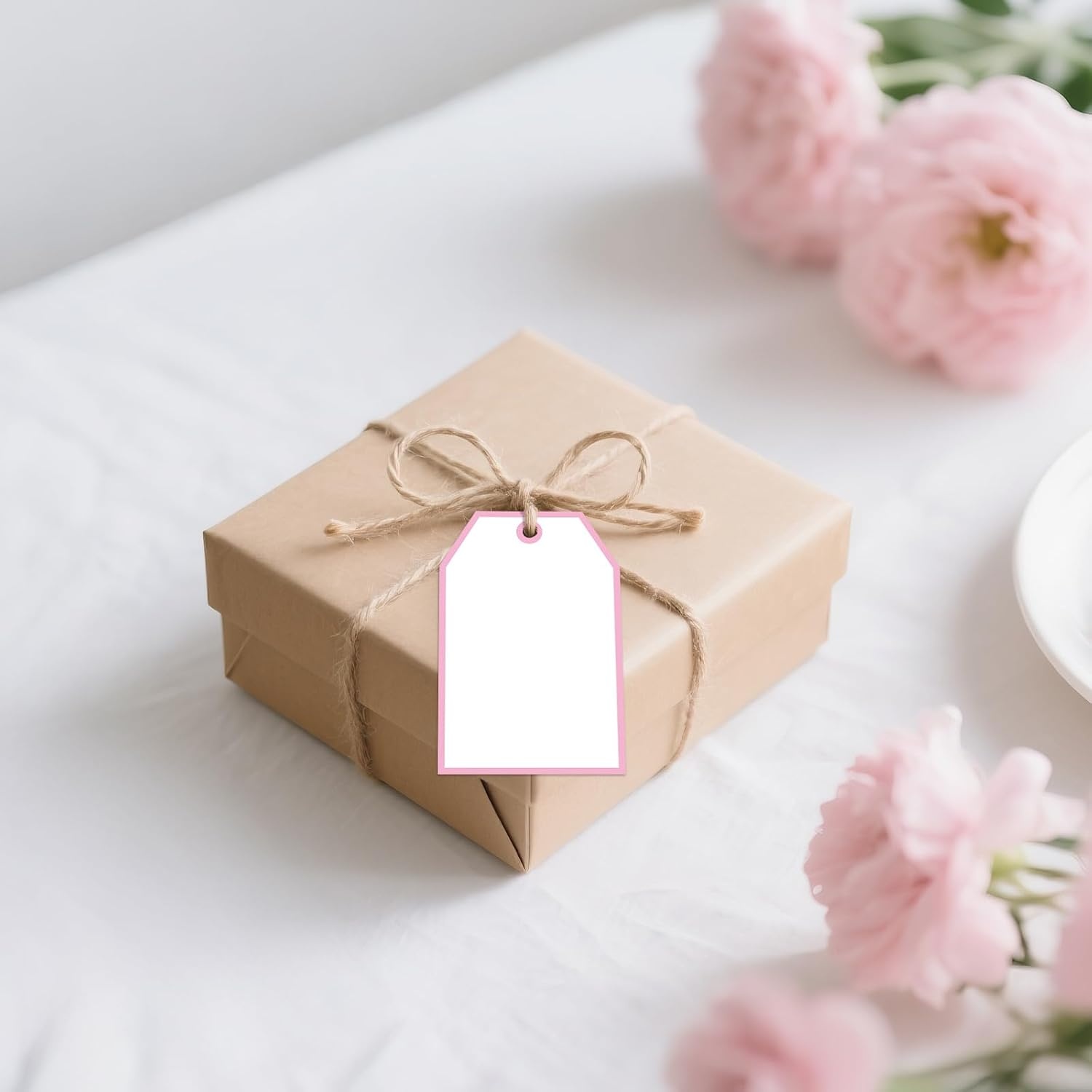 image:imageG2PLUS Gift Tags with String 100PCS White Blank Gift Wrapping Tag 33x22 in Pink Paper for Birthday Wedding Baby Bridal Shower DIY CraftPink Single Border
