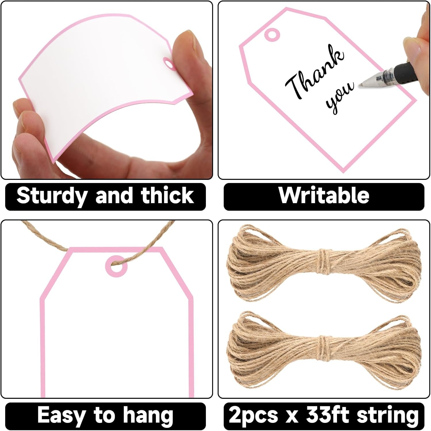 image:imageG2PLUS Gift Tags with String 100PCS White Blank Gift Wrapping Tag 33x22 in Pink Paper for Birthday Wedding Baby Bridal Shower DIY CraftPink Single Border