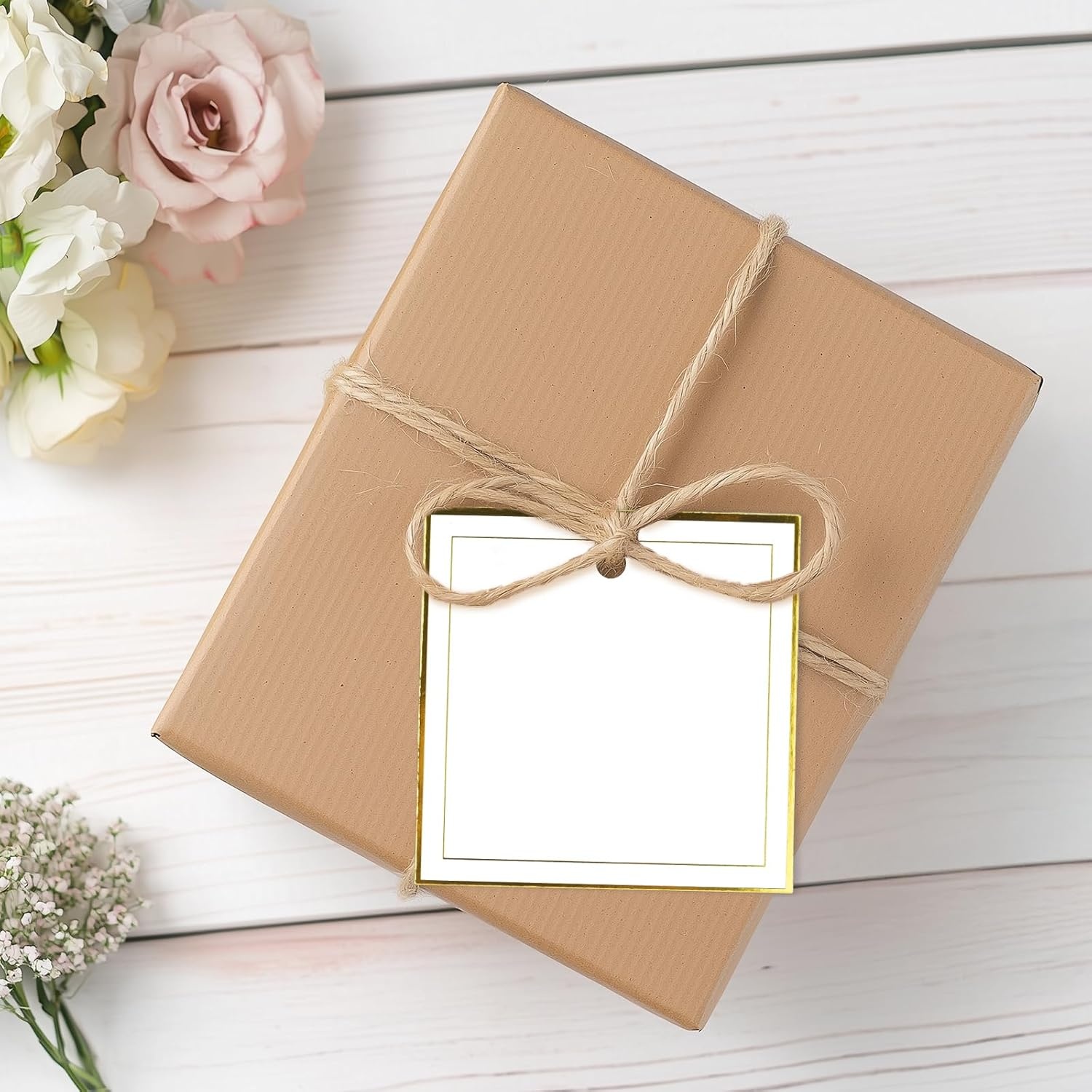 image:imageG2PLUS Gift Tags with String 100PCS White Blank Gift Wrapping Tag 33x22 in Pink Paper for Birthday Wedding Baby Bridal Shower DIY CraftSquare Double Border