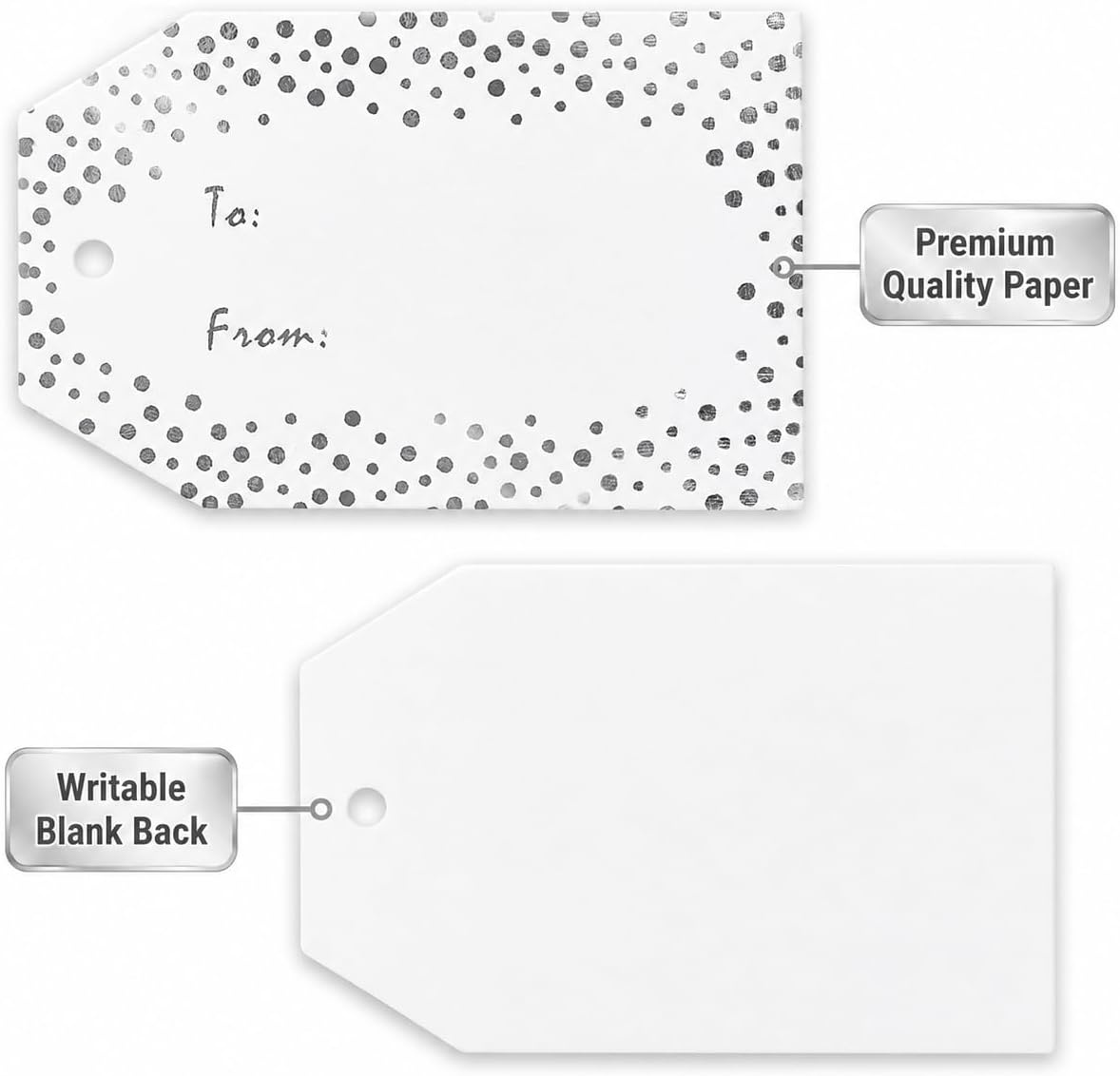 image:imageG2PLUS Gold Foil Dots Gift Tags 50 Pcs White Paper HangTags with String Metallic Gold Dots Present Tags Personalized Blank Labels for Wedding Birthday Party Favors 334216to fromSilver Dots