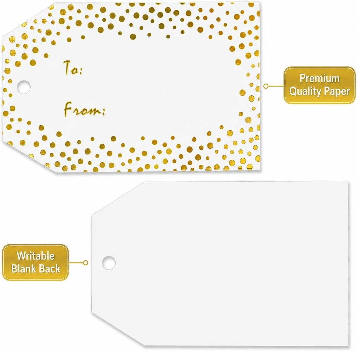 image:imageG2PLUS Gold Foil Dots Gift Tags 50 Pcs White Paper HangTags with String Metallic Gold Dots Present Tags Personalized Blank Labels for Wedding Birthday Party Favors 334216to fromGold Dots
