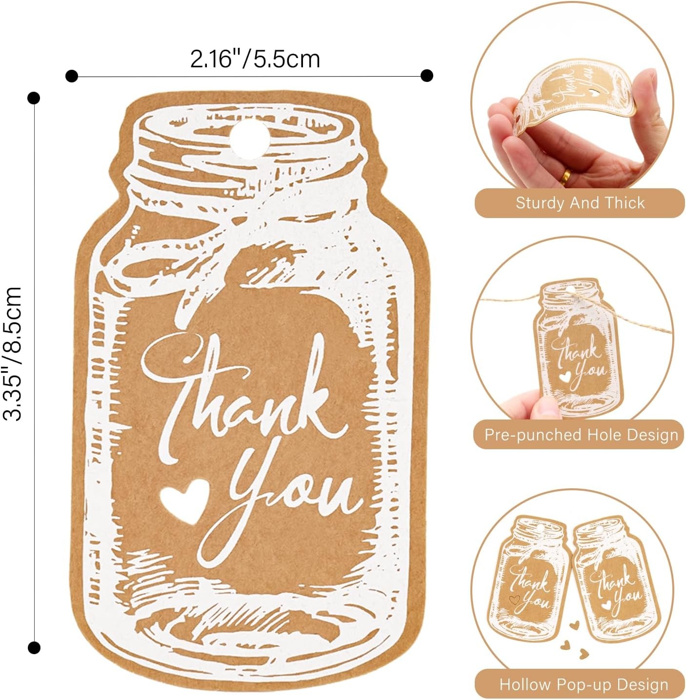 image:imageG2PLUS Kraft Paper Gift Tags Blank Bottle Tag 100PCS Vintage Mason Jar Tags Canning Labels Brown Hangtags with Natural Jute Twine for DIY and Craft Canning Jars and Party FavorsBrown Bottlewhite Thank You