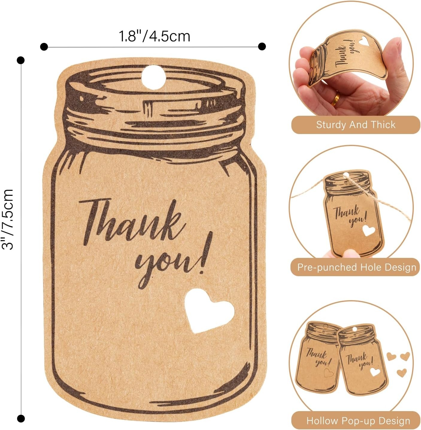 image:imageG2PLUS Kraft Paper Gift Tags Blank Bottle Tag 100PCS Vintage Mason Jar Tags Canning Labels Brown Hangtags with Natural Jute Twine for DIY and Craft Canning Jars and Party FavorsBrown Bottlethank You