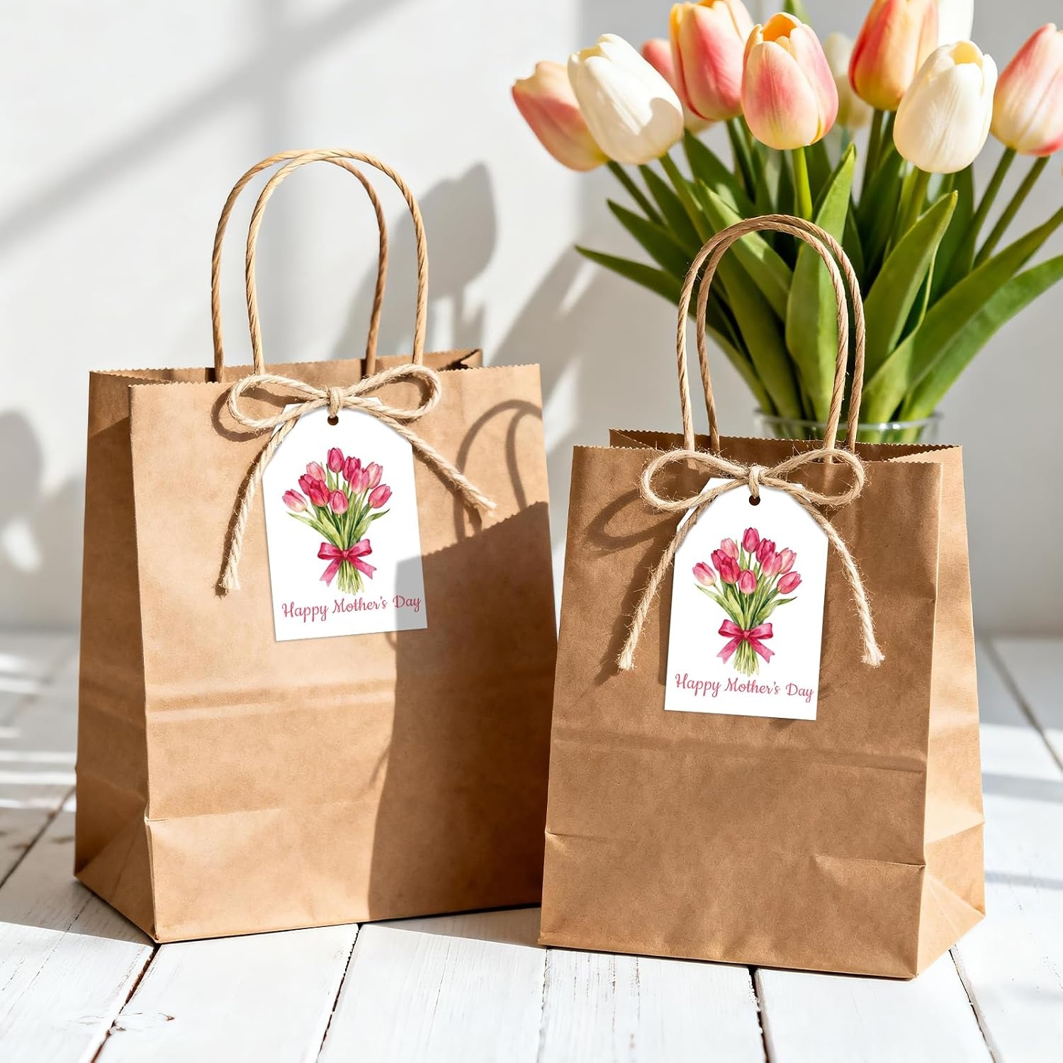 image:imageG2PLUS Mothers Day Gift Tags  50Pcs Happy Mothers Day Tags with String Pink Tuilp Bouquet Gift Tags Hanging Labels for Gift Wrapping Moms Birthday Party FavorsHappy Mothers  Tulip