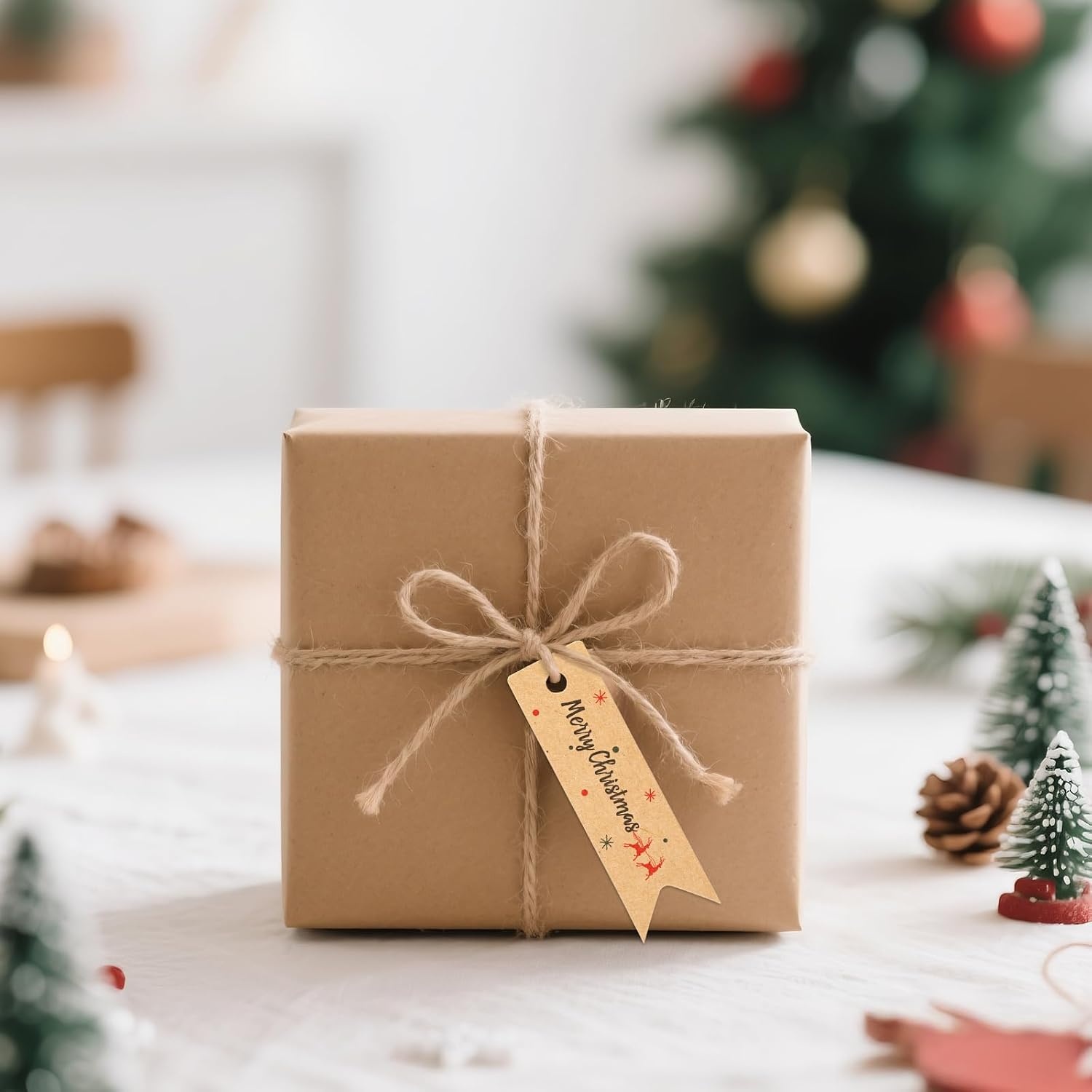 image:imageG2PLUS Small Merry Christmas Tags  100Pcs Deer Kraft Paper Gift Tags with String for Gift Wrapping Goodies Bags Christmas Holiday Party Favors28x08100 Pcs Kraft Mini Merry Christmas Elks Tags