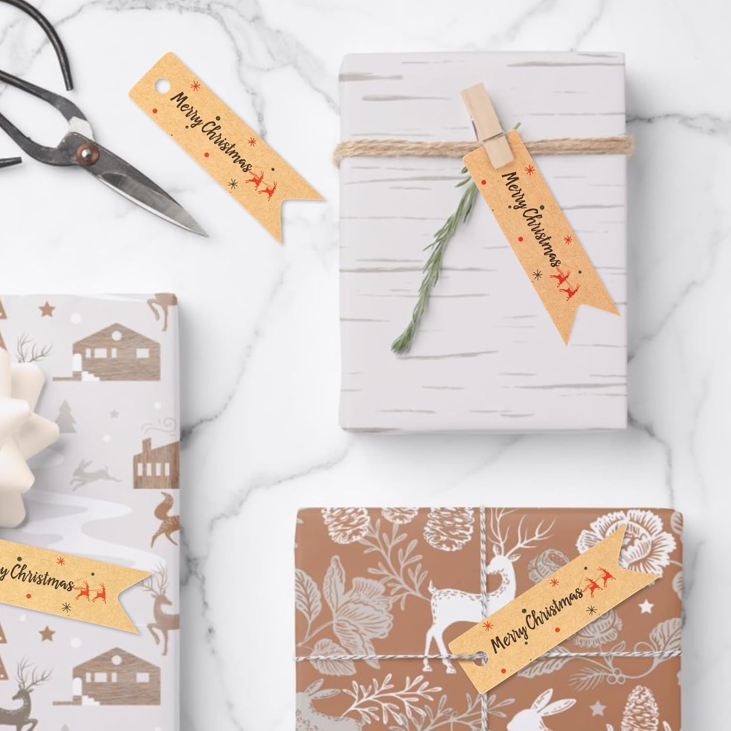 image:imageG2PLUS Small Merry Christmas Tags  100Pcs Deer Kraft Paper Gift Tags with String for Gift Wrapping Goodies Bags Christmas Holiday Party Favors28x08100 Pcs Kraft Mini Merry Christmas Elks Tags