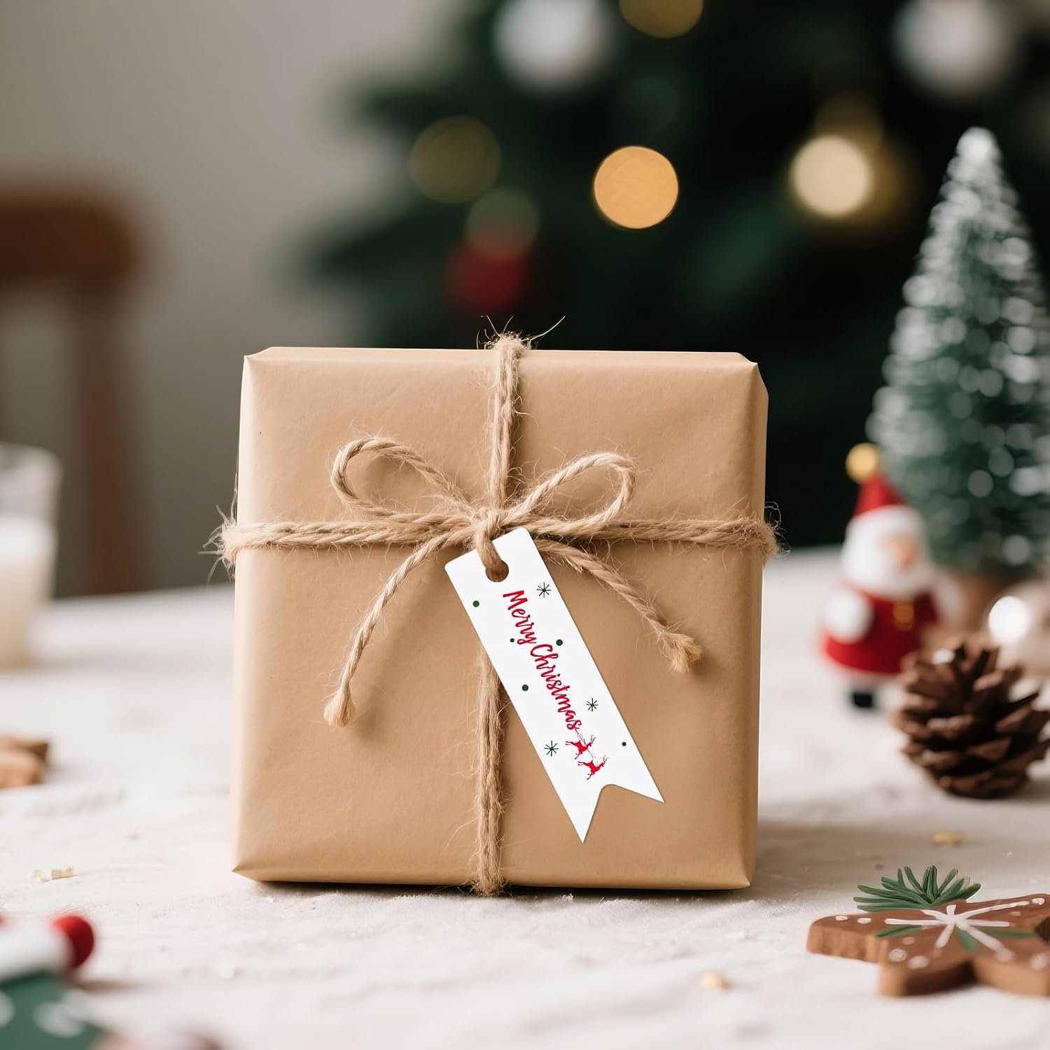 image:imageG2PLUS Small Merry Christmas Tags  100Pcs Deer Kraft Paper Gift Tags with String for Gift Wrapping Goodies Bags Christmas Holiday Party Favors28x08100 Pcs White Mini Merry Christmas Elks Tags