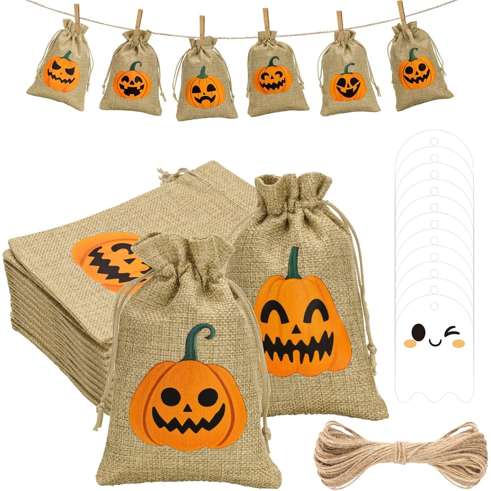 image:imageG2PLUS 24Pcs Thanksgiving Burlap Gift Bags  4X6 In Drawstring Goodies Treat Bags 8 Styles Pumpkin Gift Candy Pouches with Ghost Tags for Autumn Thanksgiving Halloween Party Favors8 Styles Pumpkin 4X6
