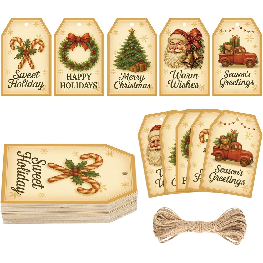 image:imageG2PLUS 60Pcs Gold Christmas Gift Tags  4 Styles Christmas Name Tags Xmas Tree Holiday Paper Gift Tags with String for DIY Crafts Party Favors Gift Exchange Stocking Stuffers5 Styles Vintage Christmas