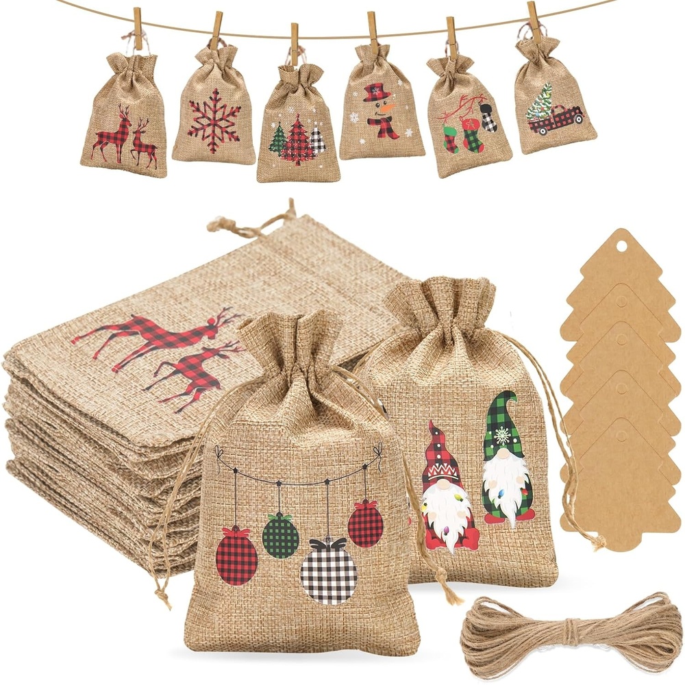 image:imageG2PLUS Christmas Drawstring Burlap Gift Bags  24 Pack Christmas Advent Calendar Bags 8 Designs 46 inches Goodie Gift Bag with Xmas Tree Tags for Xmas Holiday Party Favors4X6 Buffalo Plaid