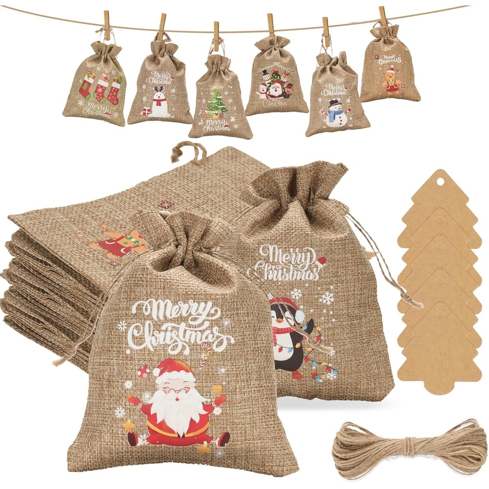 image:imageG2PLUS Christmas Drawstring Burlap Gift Bags  24 Pack Christmas Advent Calendar Bags 8 Designs 46 inches Goodie Gift Bag with Xmas Tree Tags for Xmas Holiday Party Favors4X6 Merry Christmas